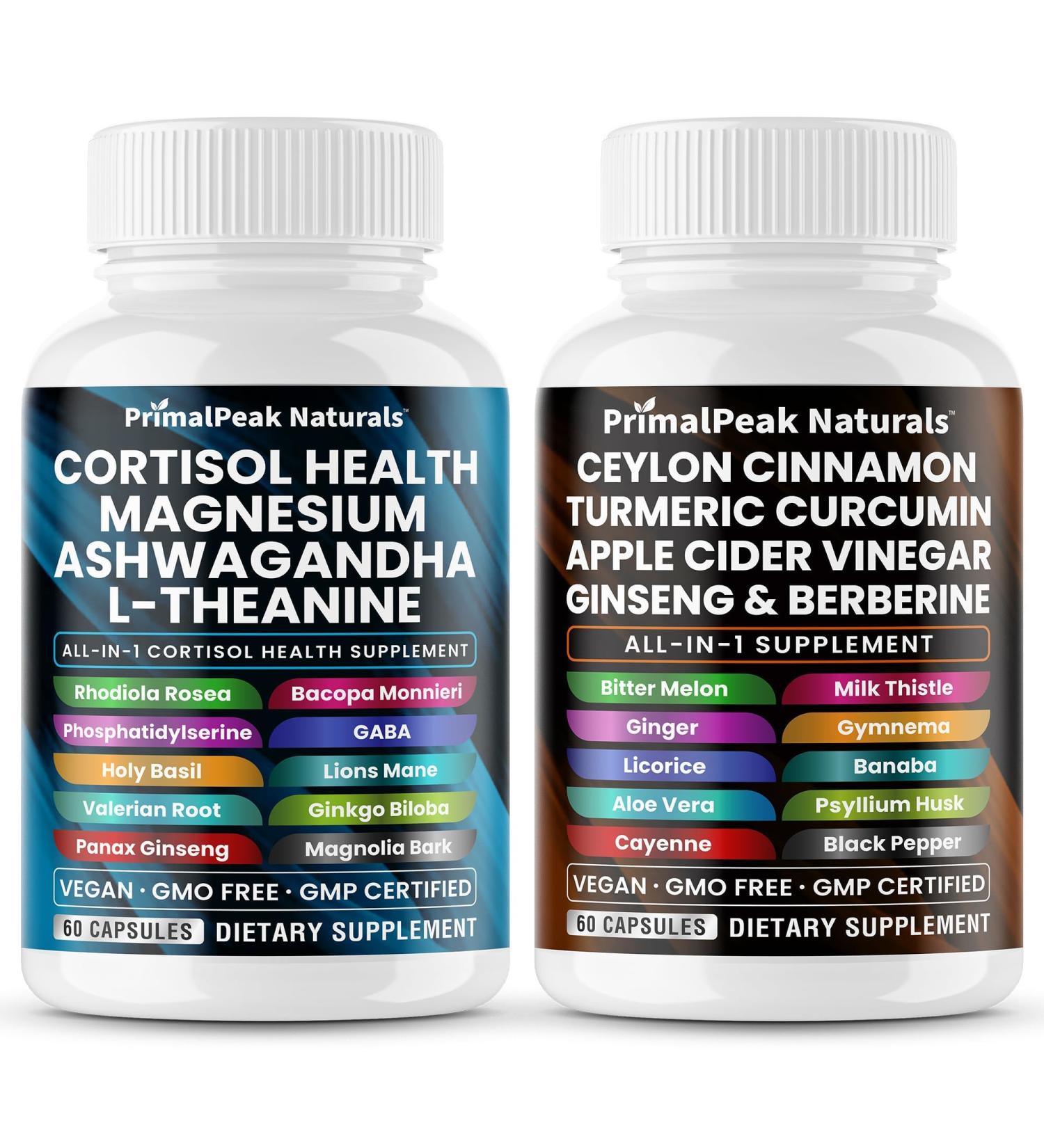 Cortisol Supplements for Women and Men with Magnesium Ashwagandha Rhodiola Rosea L-Theanine & Ceylon Cinnamon Apple Cider Vinegar Turmeric Curcumin Panax Ginseng Berberine Vegan Capsules - Buy Online on GoSupps.com