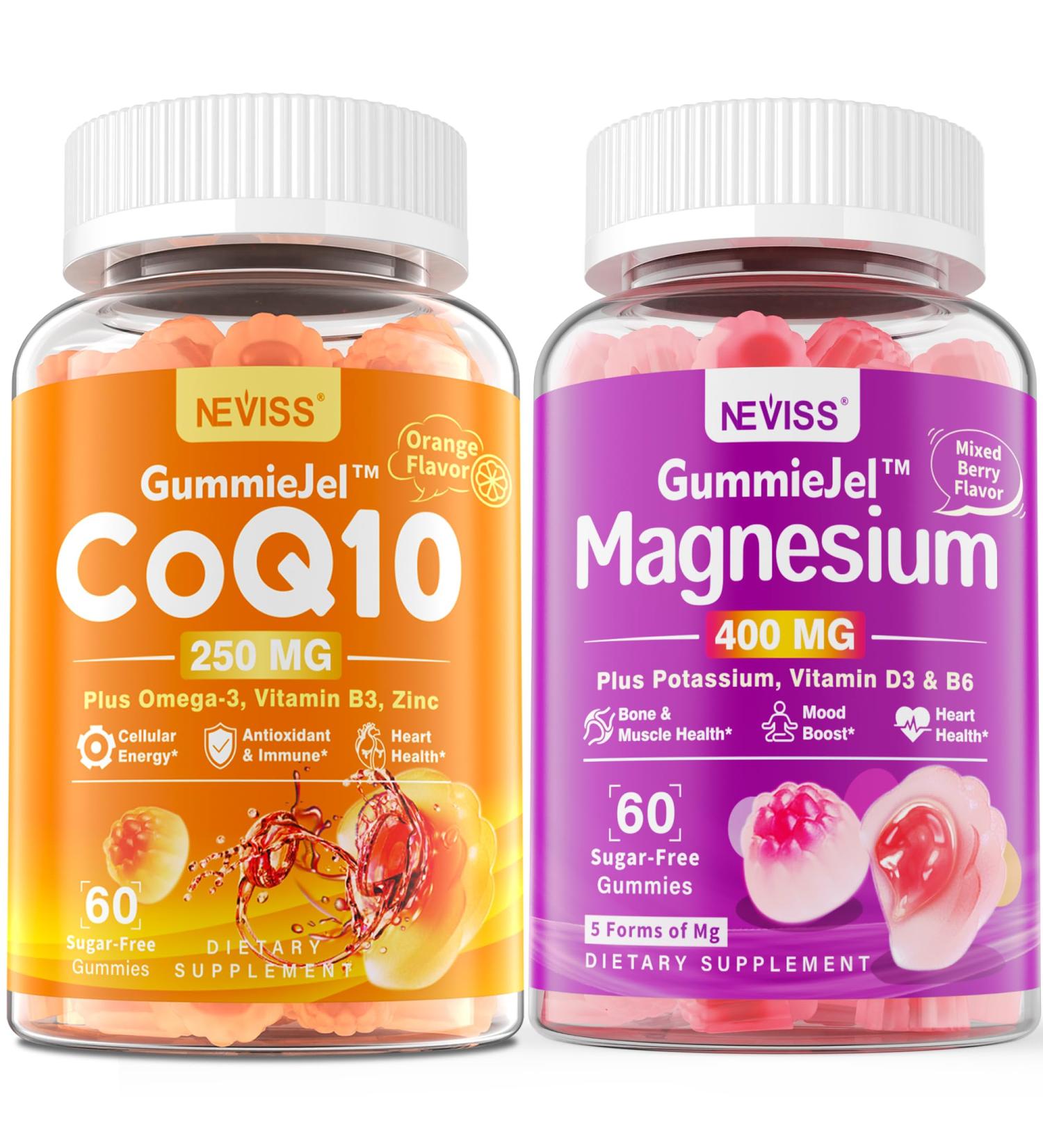 NEVISS Sugar Free CoQ10-250mg Filled Gummies + 5 Types of Magnesium 400mg Sugar Free Magnesium Filled Gummies for Adults 60 Counts - Buy Online on GoSupps.com