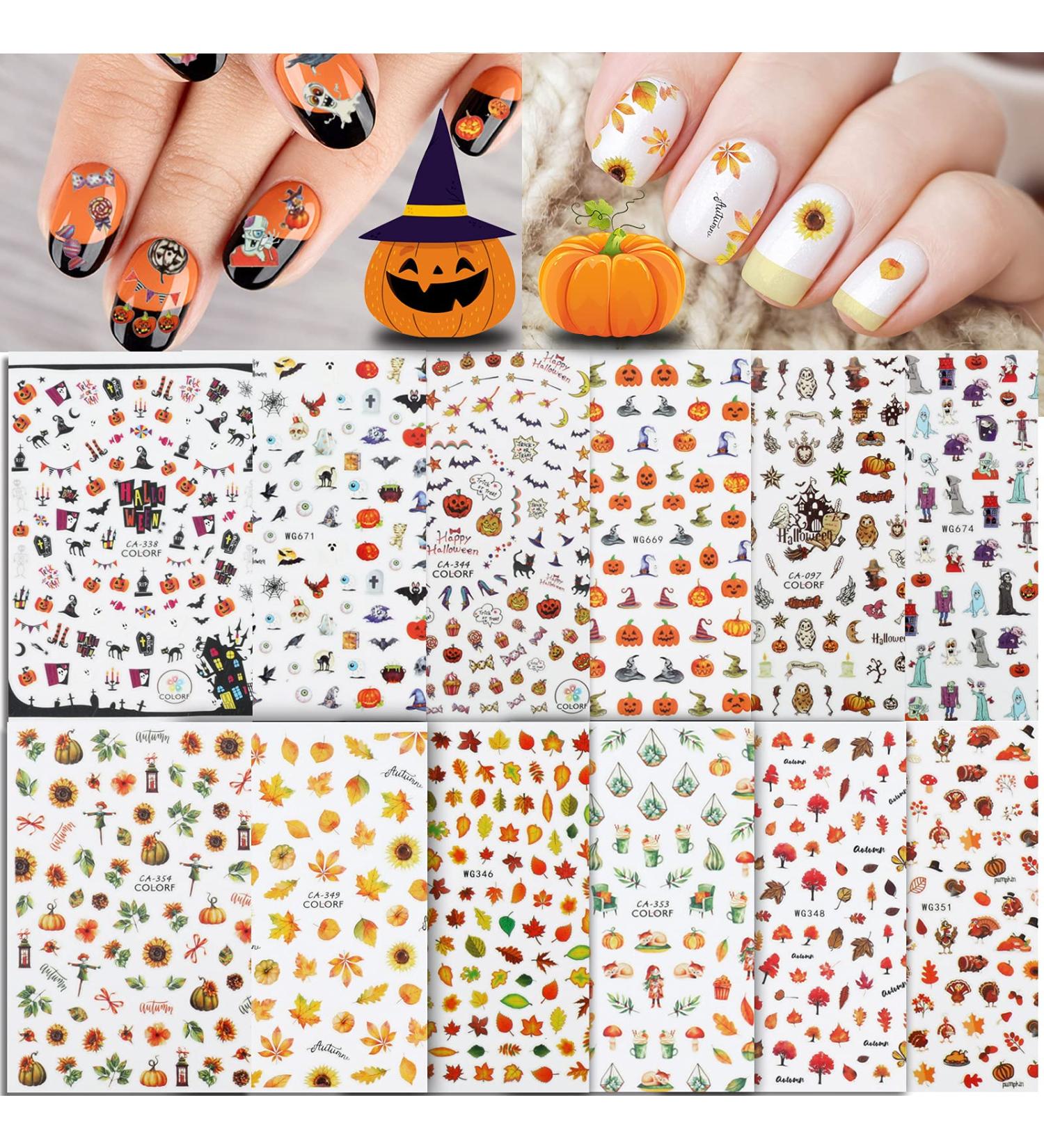 Whaline Autumn & Halloween Nail Art Stickers - 12 Sheets, Fall Leaves, Pumpkin, Bat, Ghost Patterns, Self-Adhesive Nail Decoration for Women, Girls - Perfect for Autumn Halloween Party Favors and DIY Nails - Buy Online on GoSupps.com