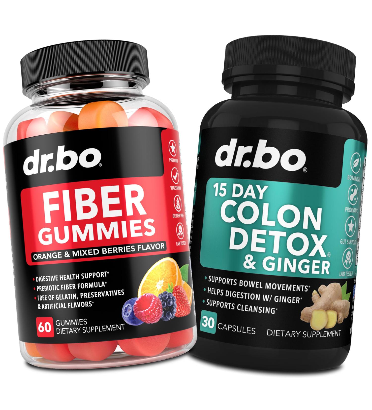 DR. BO Fiber Gummies Colon Cleanse & Ginger - Tasty Gummy Prebiotic Fiber Supplement - Bowel Movement Support for Gut & Stomach Cleansing - Buy Online on GoSupps.com