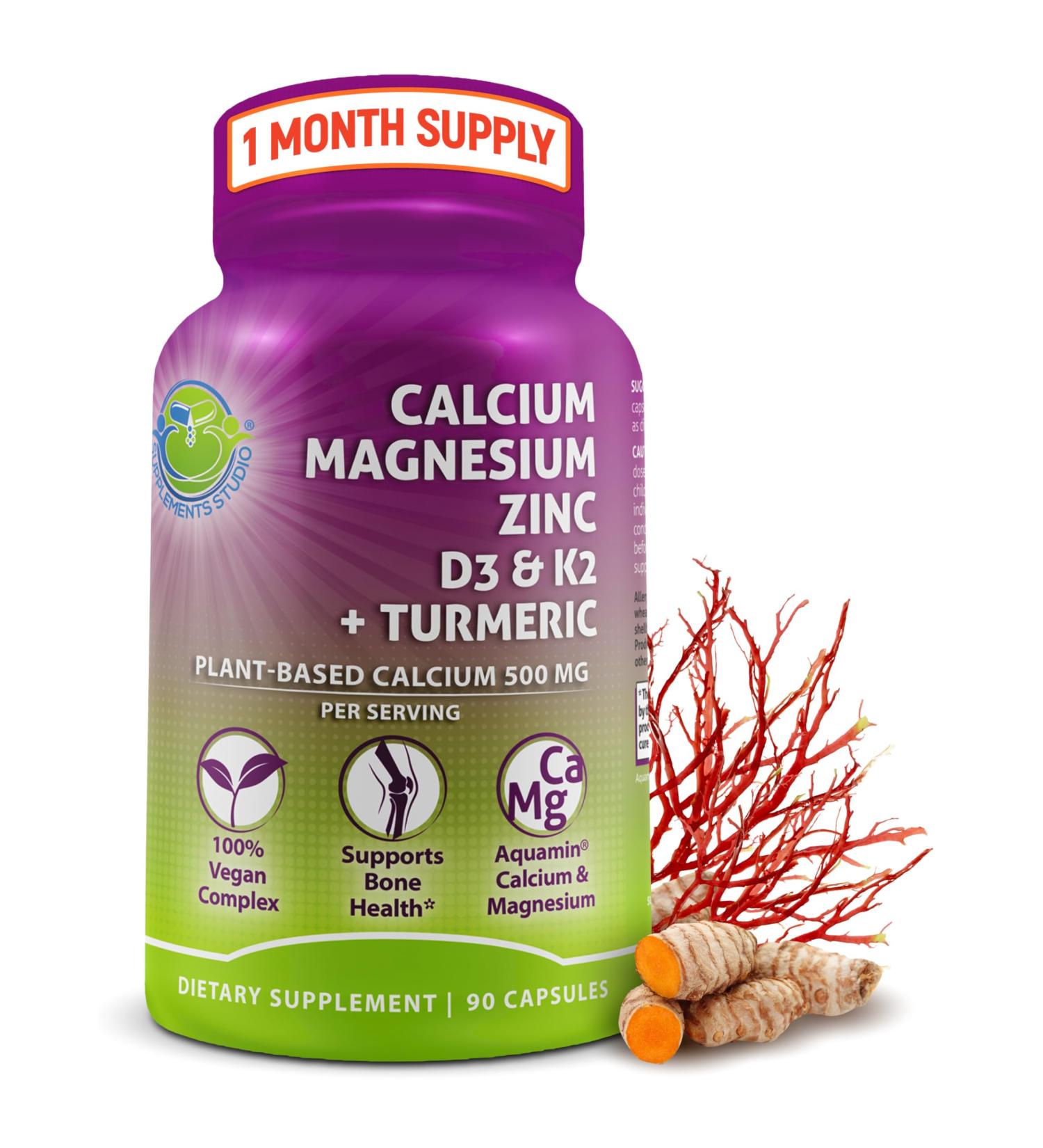 Plant-Based Calcium 500mg (Aquamin) Vegan Calcium Magnesium Zinc D3 with Vitamin K2 & Organic Turmeric Enhanced Bone and Muscle Health & Strength Immune Support for Women & Men - 90 Count 90 Count (Pack of 1) 500 Mg - Buy Online on GoSupps.com