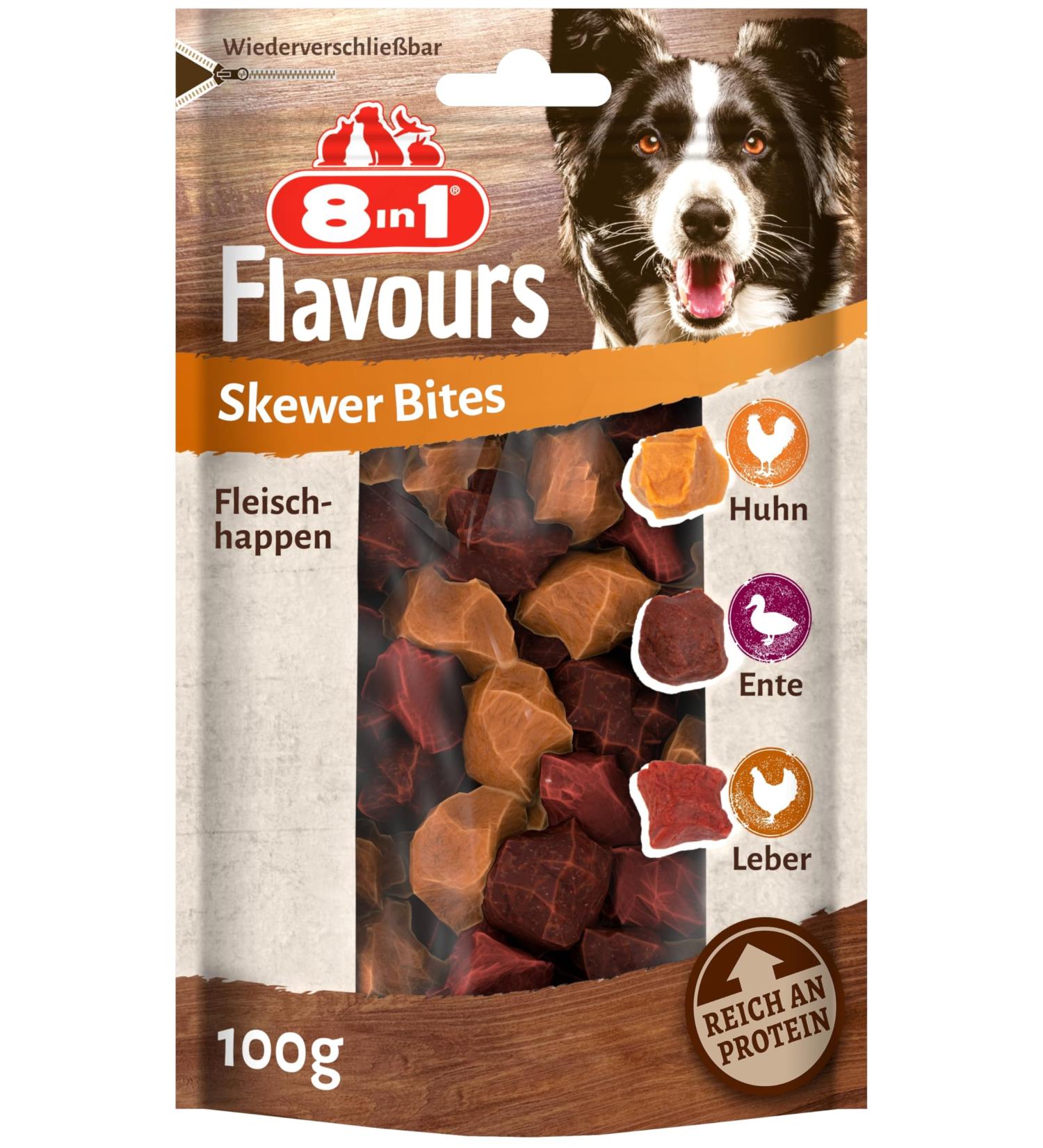 8in1 Flavours Skewer Bites - High-Protein Dog Treats with Chicken Duck & Liver | 100g Bag - International Shipping Available - Buy Online on GoSupps.com