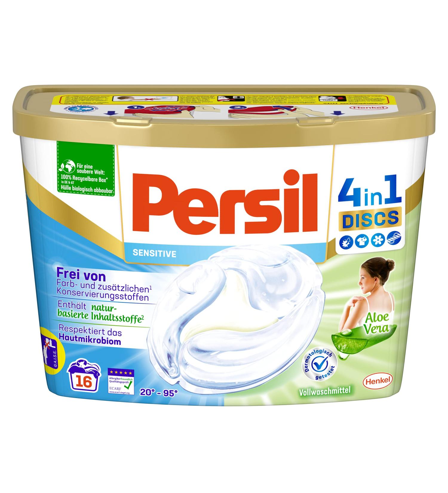 Persil Sensitive 4in1 Discs - Allergy-Friendly Detergent for Sensitive Skin | Eco-Certified | 16 Wash Loads | Aloe Vera Scent | 400g - Buy Online on GoSupps.com