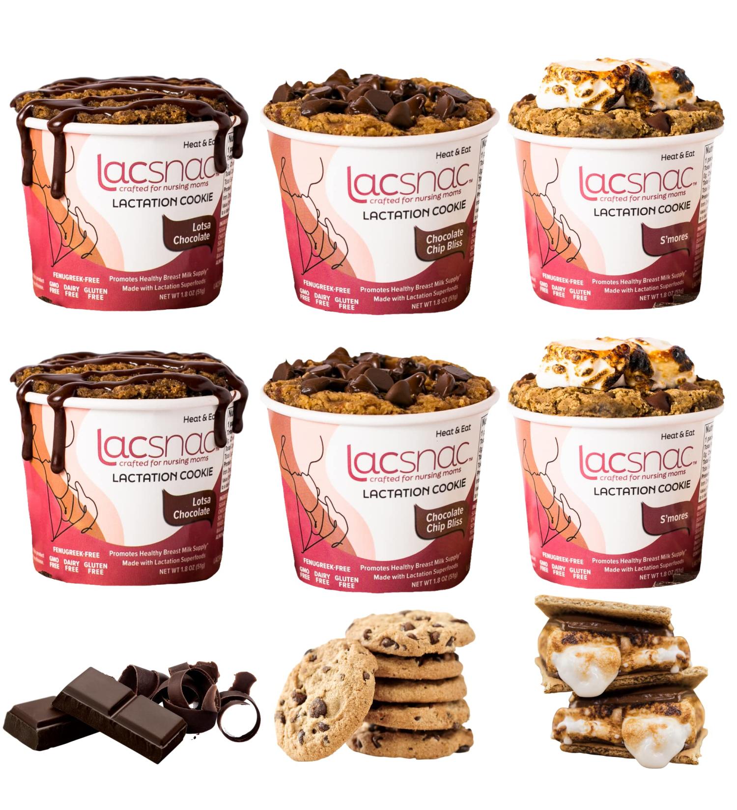 Lacsnac Lactation Cookie Cup Variety Pack - Nursing Moms' Favorite - 6 Pack of Chocolate Chip Bliss, Lotsa Chocolate, S'mores - With Flax Seeds, Brewer's Yeast, Spinach - Promotes Lactation Support & Healthy Milk Supply - GMO-free, Gluten-free - Buy Online on GoSupps.com