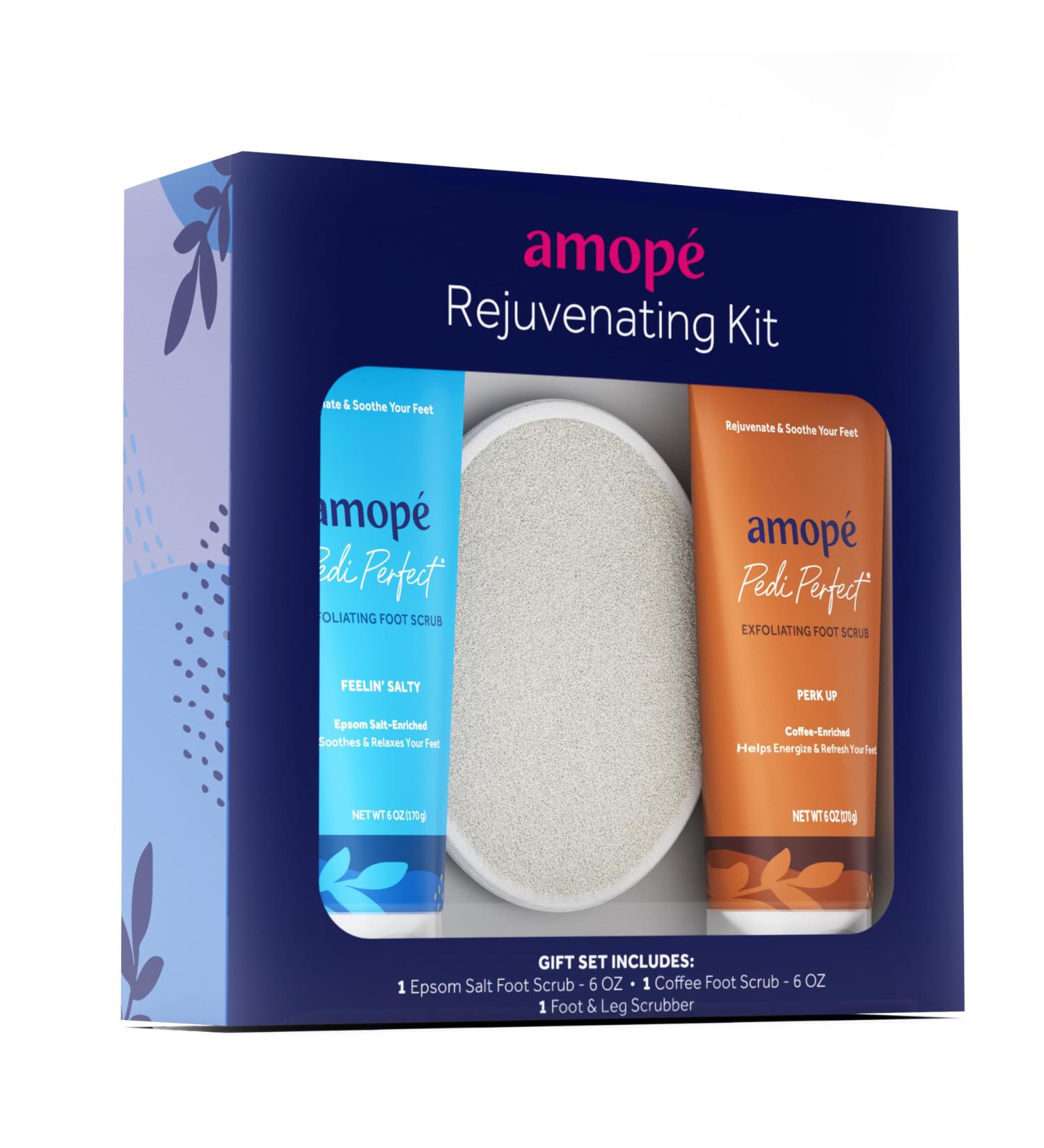 Amop Rejuvenating Kit - Exfoliating Sugar Foot Scrub with Epsom Salt & Coffee | Nourishing Moisturizers for Smooth Soothe & Relax | Foot & Leg Scrubber | International Shipping - Buy Online on GoSupps.com