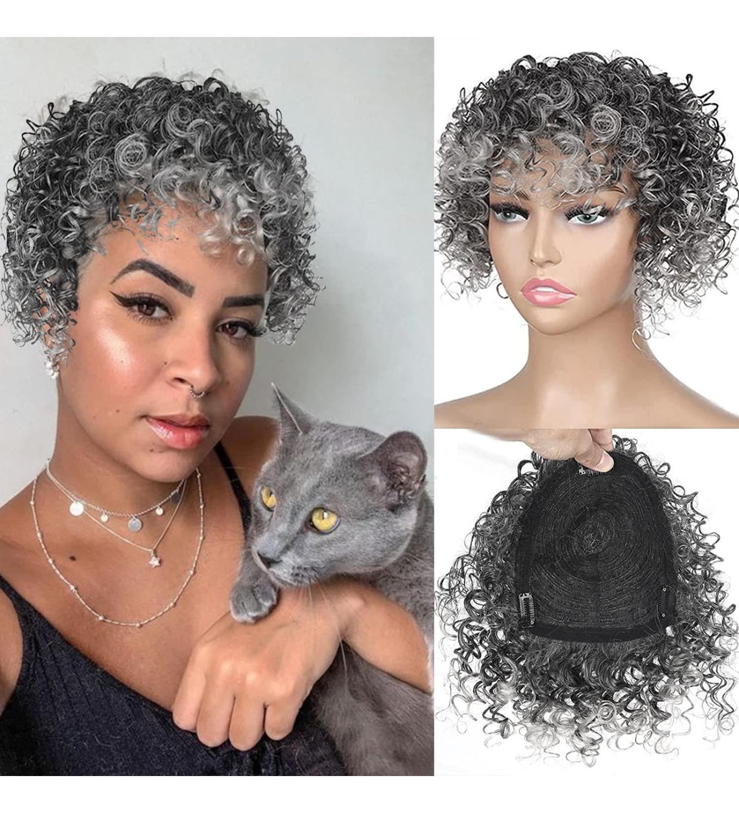 KRSI Afro Curly Silver Grey Hair Topper for Black Women - Clip in Hairpiece with Bangs (1B/T0906) - Buy Online on GoSupps.com