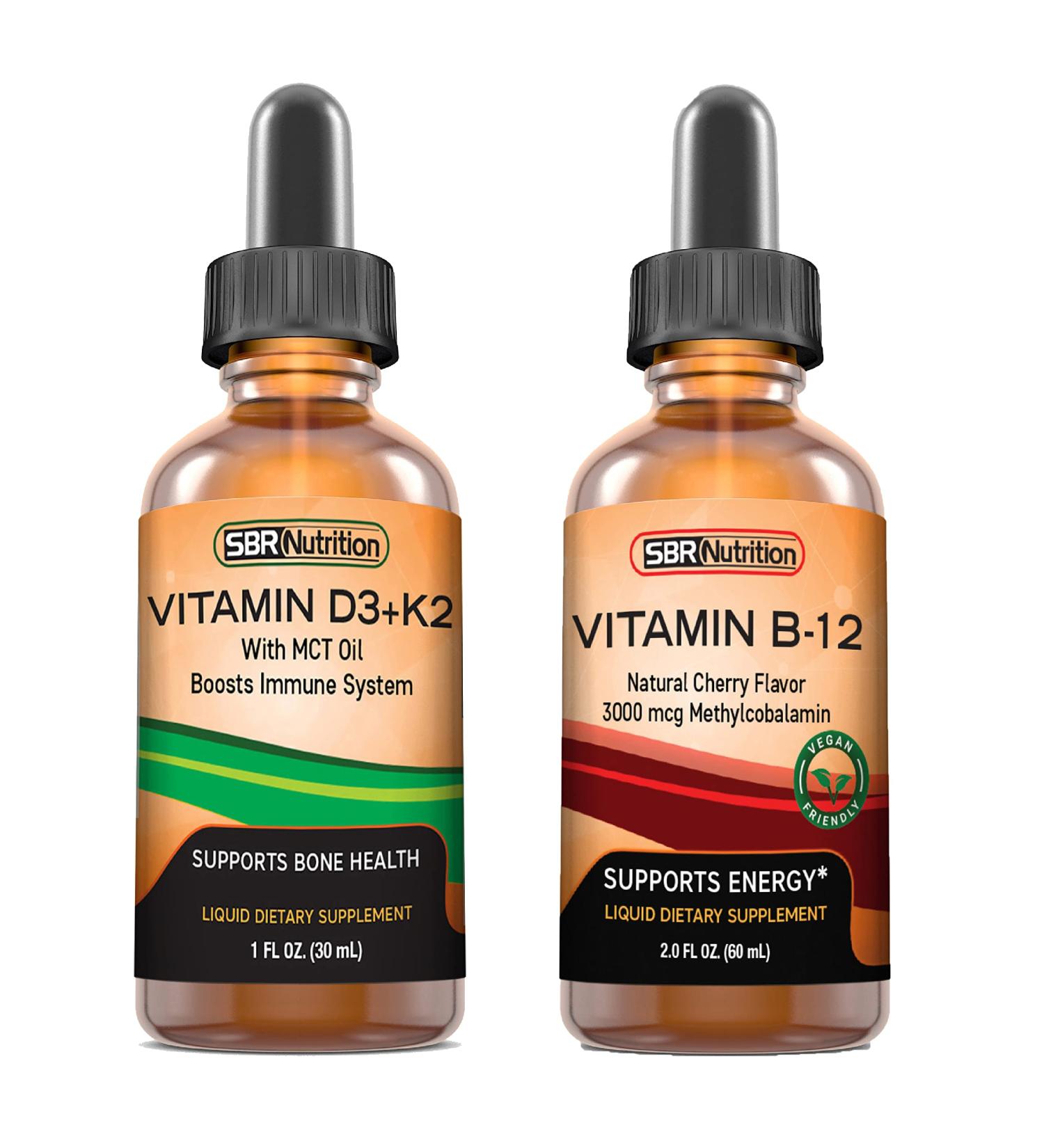 SBR Nutrition D3+K2 and B12 Bundle - Vitamin D3K2 (MK7) Peppermint Liquid Drops 1oz + Vitamin B-12 3000mcg Liquid Drops 2oz - Adults & Kids - Non-GMO, Gluten Free - Buy Online on GoSupps.com