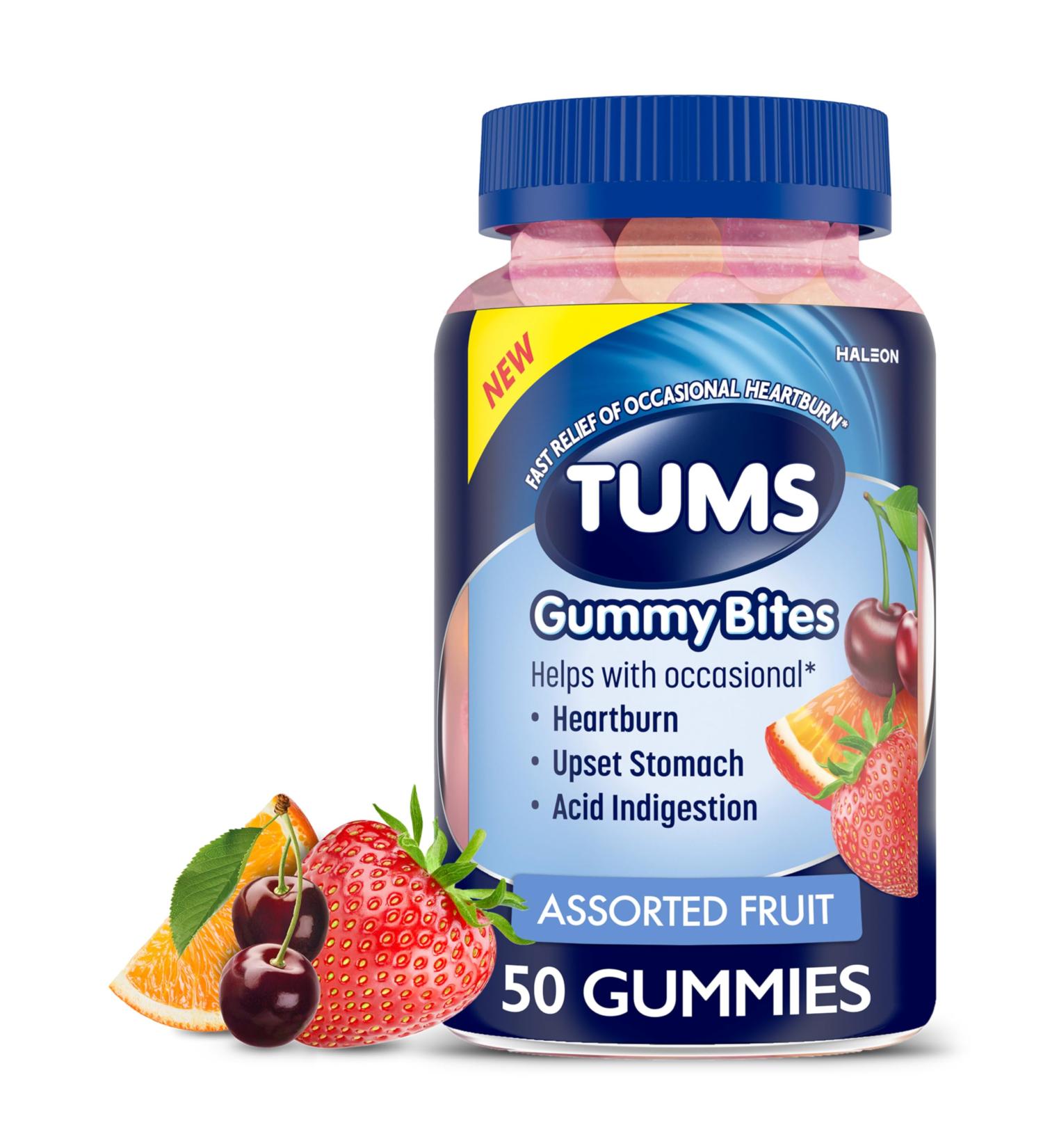 TUMS Gummy Bites Dietary Supplement for Occasional Heartburn Relief Upset Stomach and Acid Indigestion Assorted Fruit Flavors - 50 Count - Buy Online on GoSupps.com