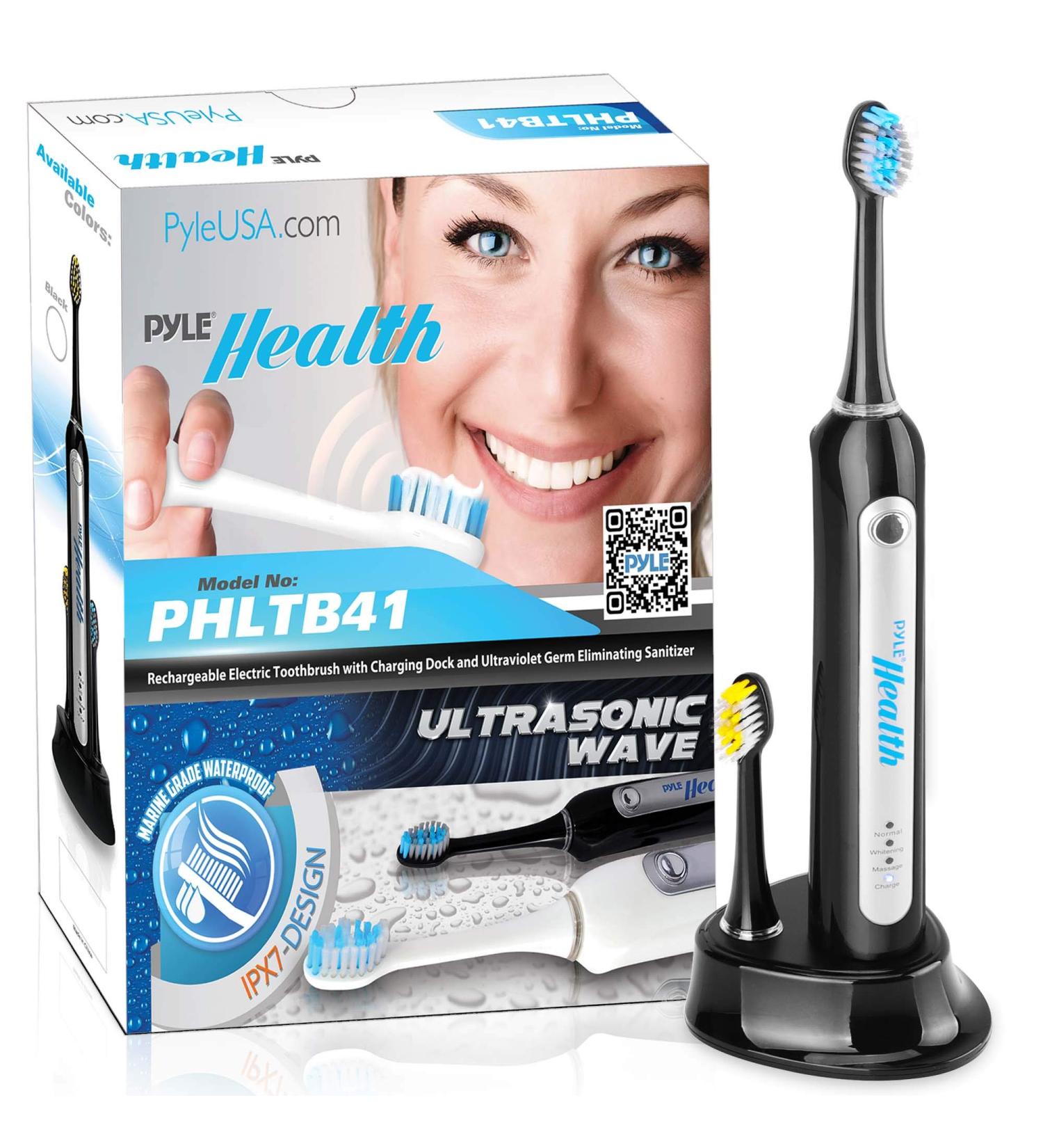 Buy Pyle Health Ultrasonic Rechargeable Electric Toothbrush - 3 Modes Timer 2 Brush Heads - Ideal for Kids Teens & Adults - PHLTB41BK - Buy Online on GoSupps.com