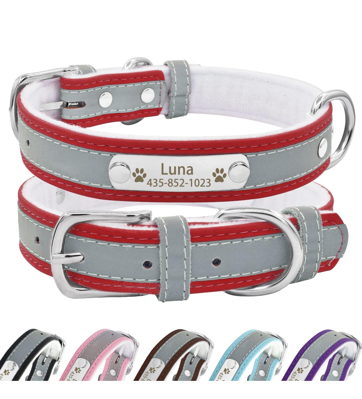 Senristar Personalized Reflective Leather Dog Collar - Engraved Name Tape for Small Medium & Large Dogs & Cats - XS (19-25 cm 1.5 cm Wide) - Red - Buy Online on GoSupps.com