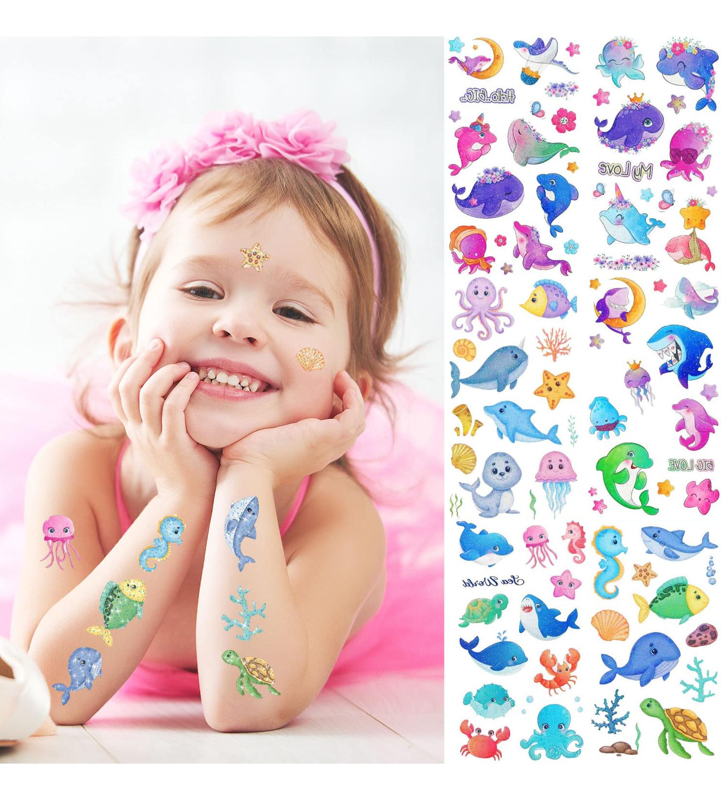 10 Sheets Glitter Temporary Tattoos - Cartoon Ocean Theme for Kids | Fake Tattoos Stickers for Boys & Girls - Birthday Gifts & Party Favors - Buy Online on GoSupps.com