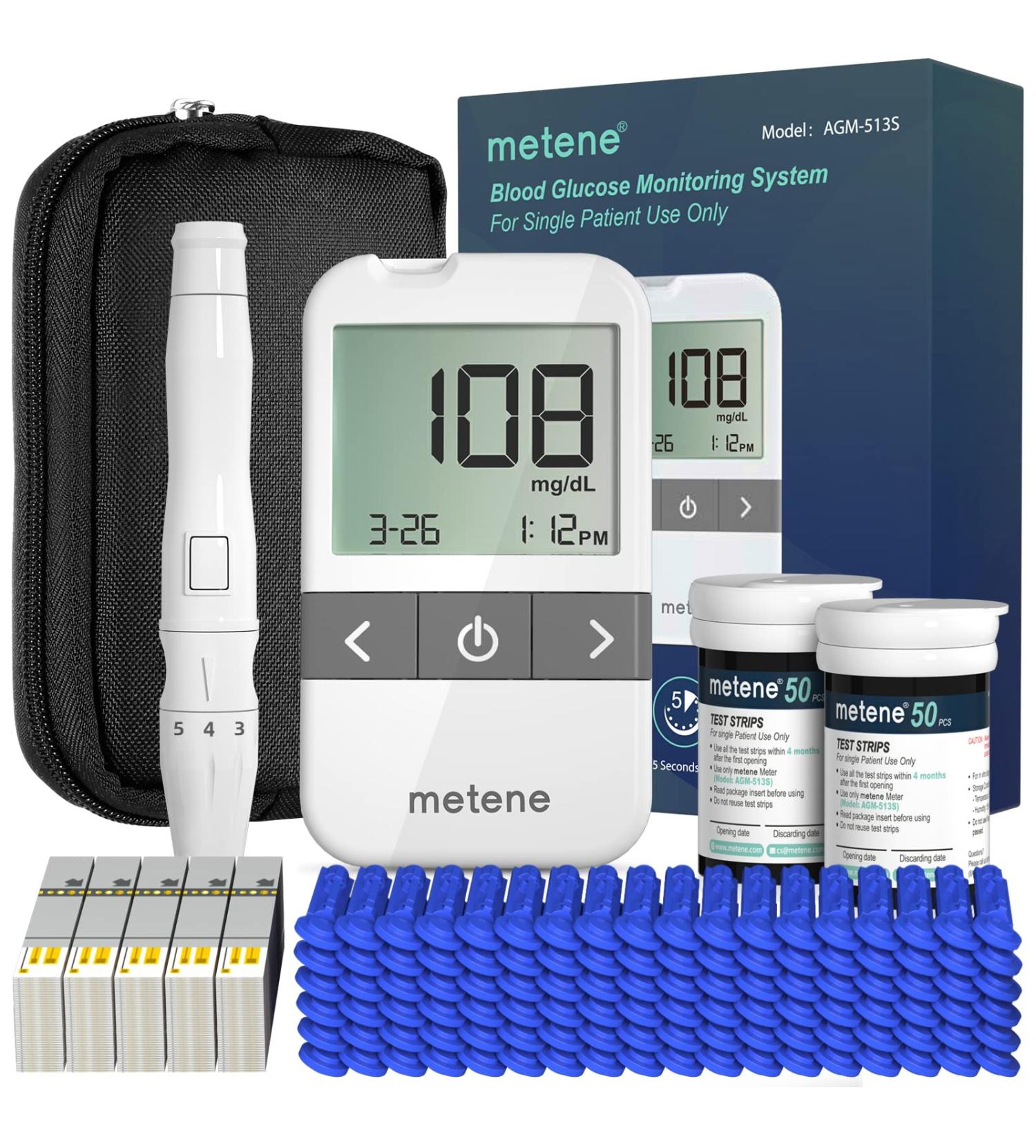 Metene AGM-513S Glucose Monitor Kit  100 Glucometer Strips  100 Lancets  Blood Sugar Test Kit with Lancing Device and Carrying Bag  No Coding 205 - Buy Online on GoSupps.com