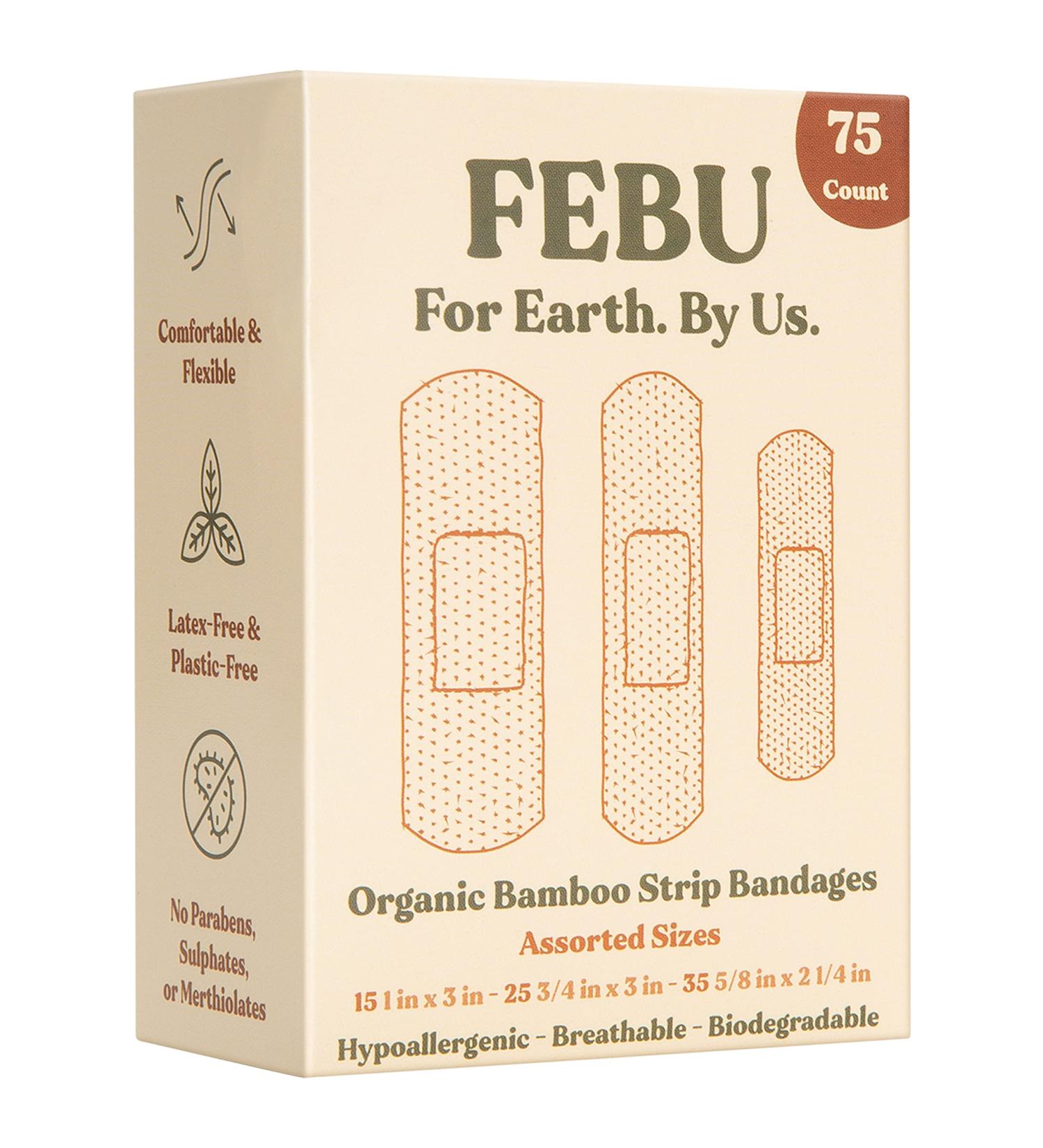 FEBU Eco-Friendly Organic Bamboo Fabric Bandages | 75 Count Variety Pack | Latex-Free, Hypoallergenic Strips for Scrapes & Cuts | Natural & Compostable First Aid Bandages - Buy Online on GoSupps.com