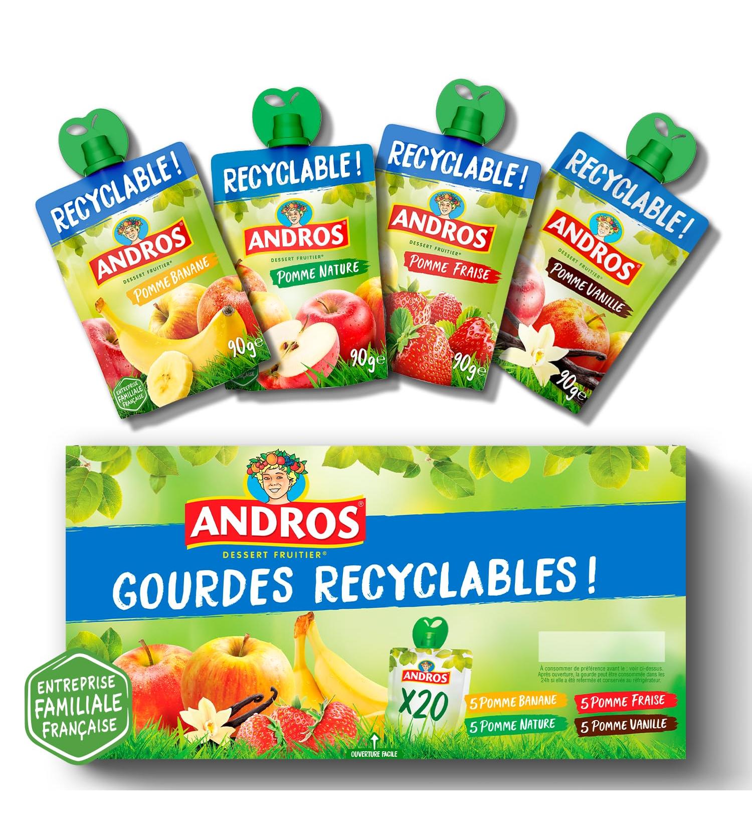  ANDROS ANDROS - Fruit Compote - Recyclable Pouch - Reduced Fat - Apple + Apple/Banana + Apple/Strawberry + Apple/Vanilla Flavors - Ideal for Children's and Babies' Snacks - Pack of 20 - Buy Online on GoSupps.com