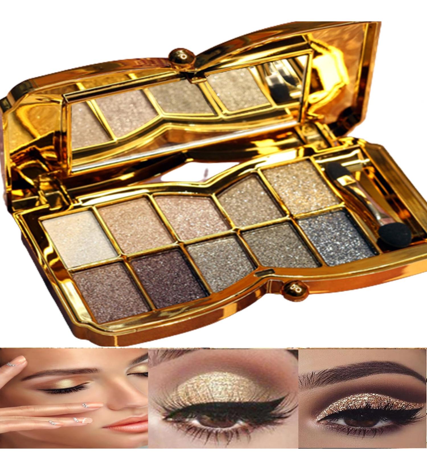 Glitter Eyeshadow Palette - 10 Highly Pigmented Shimmer Colors | Long Lasting Waterproof Eye Makeup for Women - Buy Online on GoSupps.com
