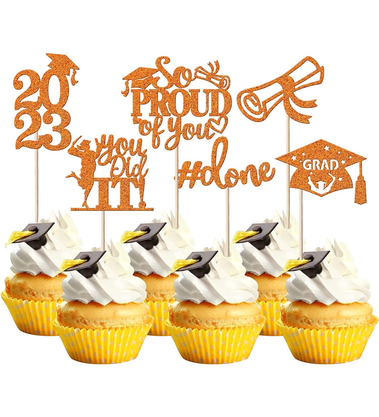 Pack of 24 Graduation Cake Decorations Graduation 2023 Cupcake Toppers Graduation Cake Decorations Cake Topper for Graduation Party Graduation Promms New Orange Style 1-orange