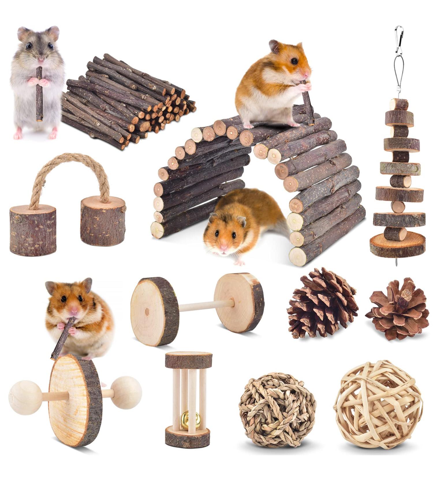 ERKOON Small Animal Chew Toys - Natural Wooden Accessories for Hamsters, Guinea Pigs, Gerbils, Rats, Chinchillas - Boredom Breaker, Teeth Molar Exercise - Play Bridge, Roller, Dumbbells - Buy Online on GoSupps.com