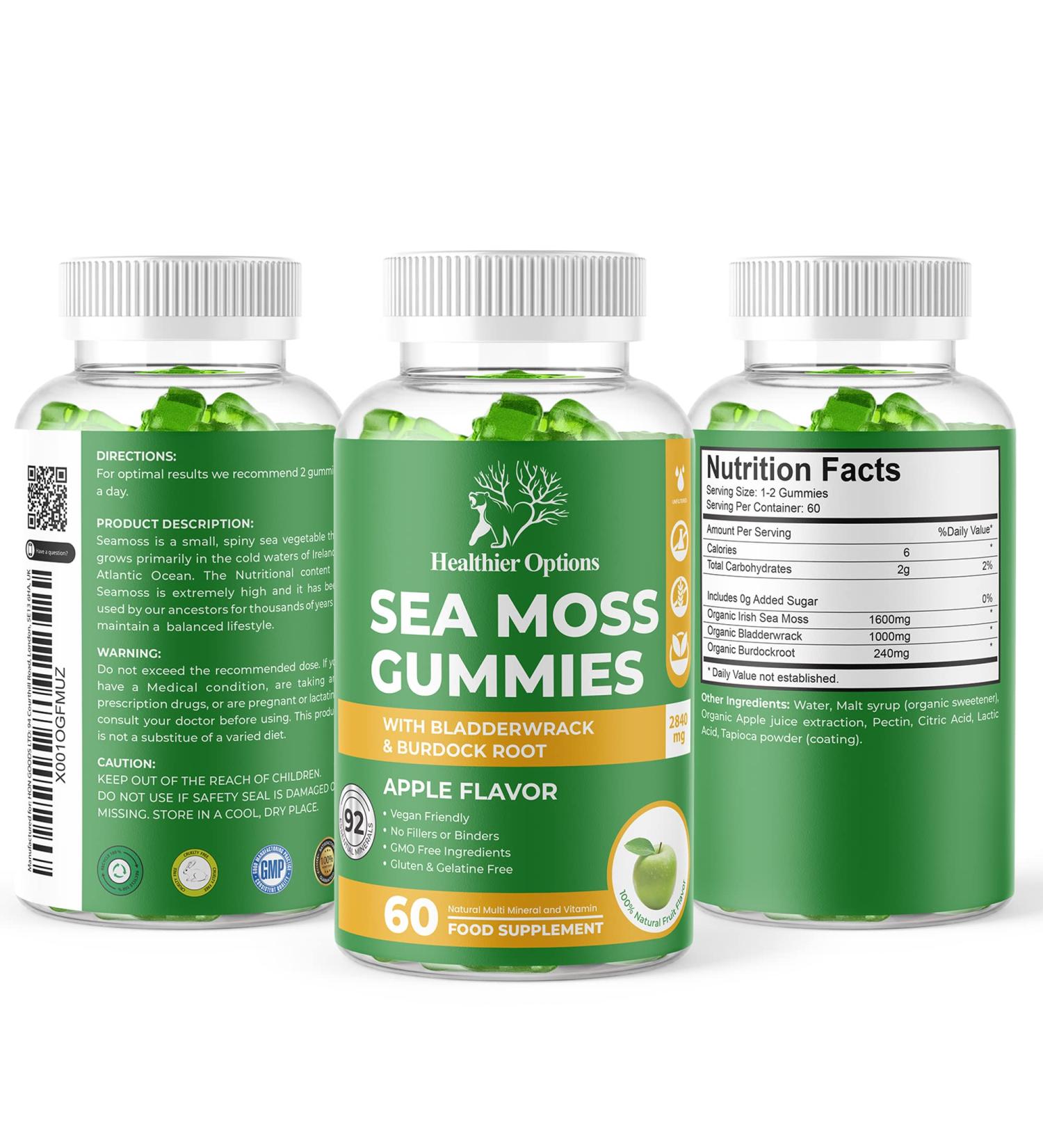 Organic Irish Sea Moss Gummies with Bladderwrack & Burdock Root 2840 Mg - 60 Gummies | Apple Flavour | Vegan, Gluten-Free, Non-GMO | Vitamins & Minerals | High Strength Formula - Buy Online on GoSupps.com
