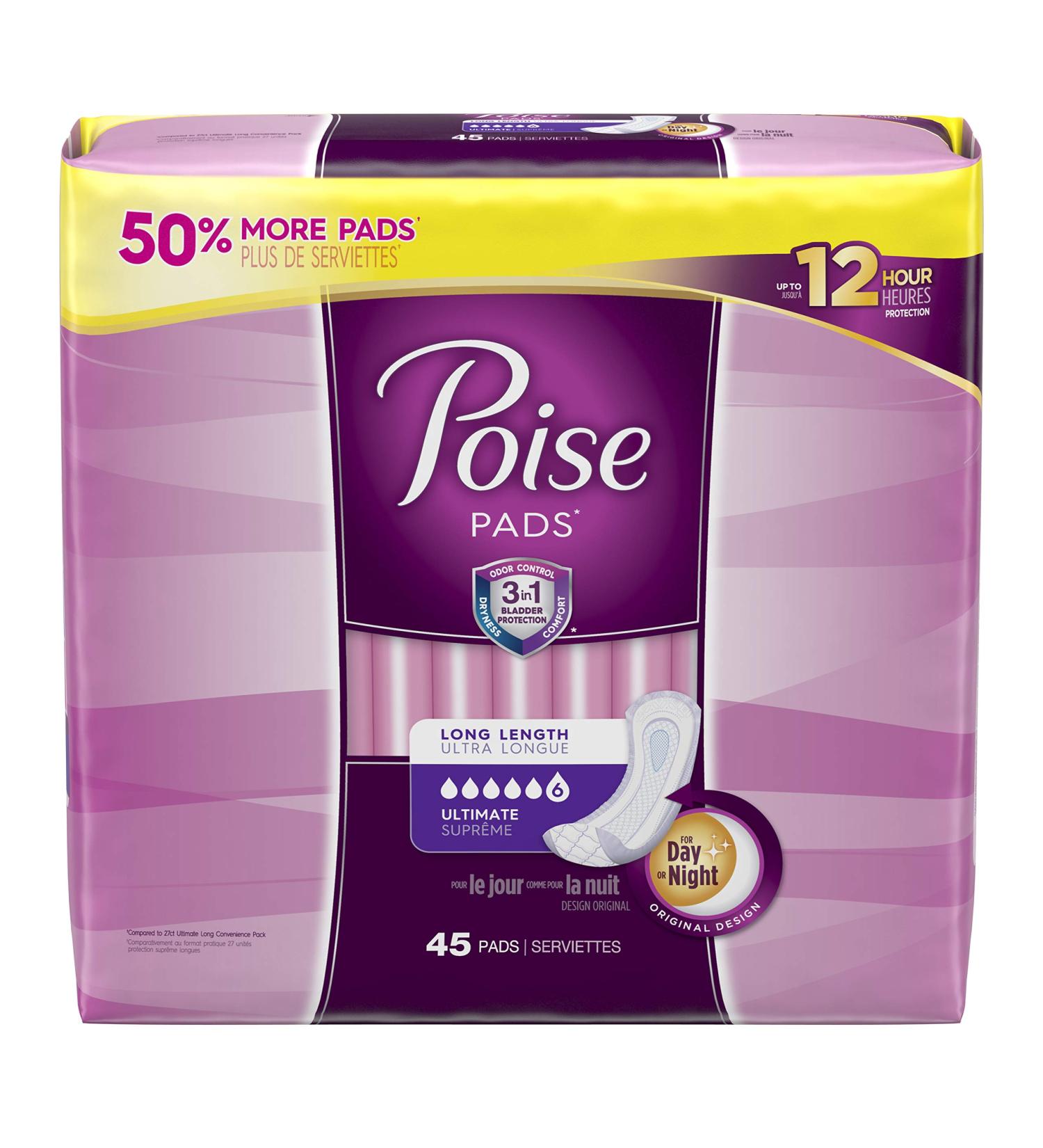 Poise Incontinence Pads Long 45 Count - Pack of 2 | Stay Dry and Comfortable - Buy Online on GoSupps.com