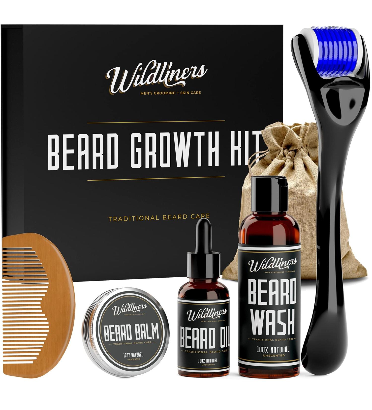 Beard Growth Kit for Men - Titanium Microneedle Roller, Natural Oil, Balm, Wooden Comb, Complete Grooming Set for Hair Growth - Travel-Friendly Gift - Buy Online on GoSupps.com
