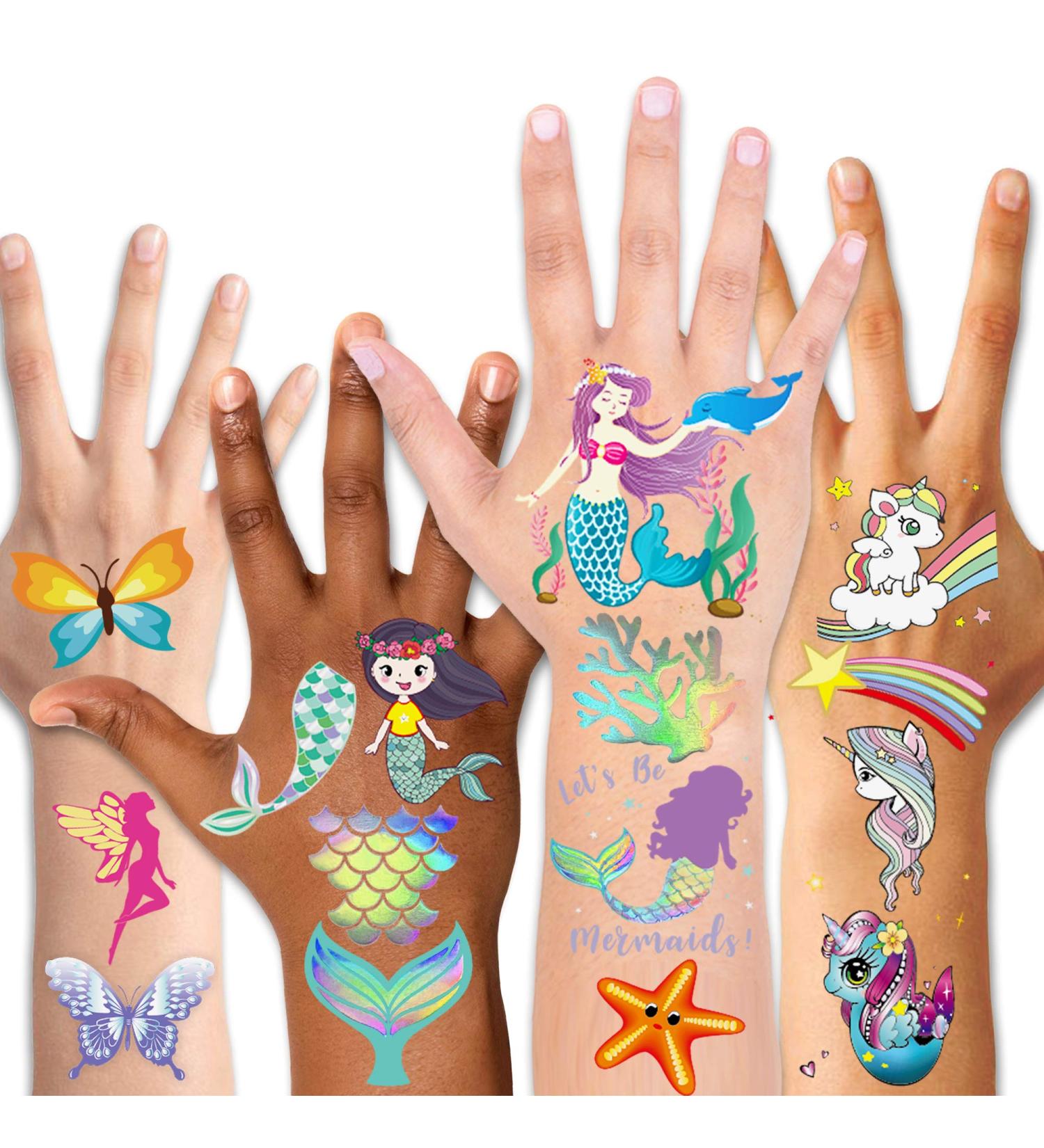 Konsait Glitter Temporary Tattoos for Kids - Mermaid, Unicorn, Butterfly Designs (80pcs) | Perfect for Girls Birthday Party Favors and Goodie Bags - Buy Online on GoSupps.com