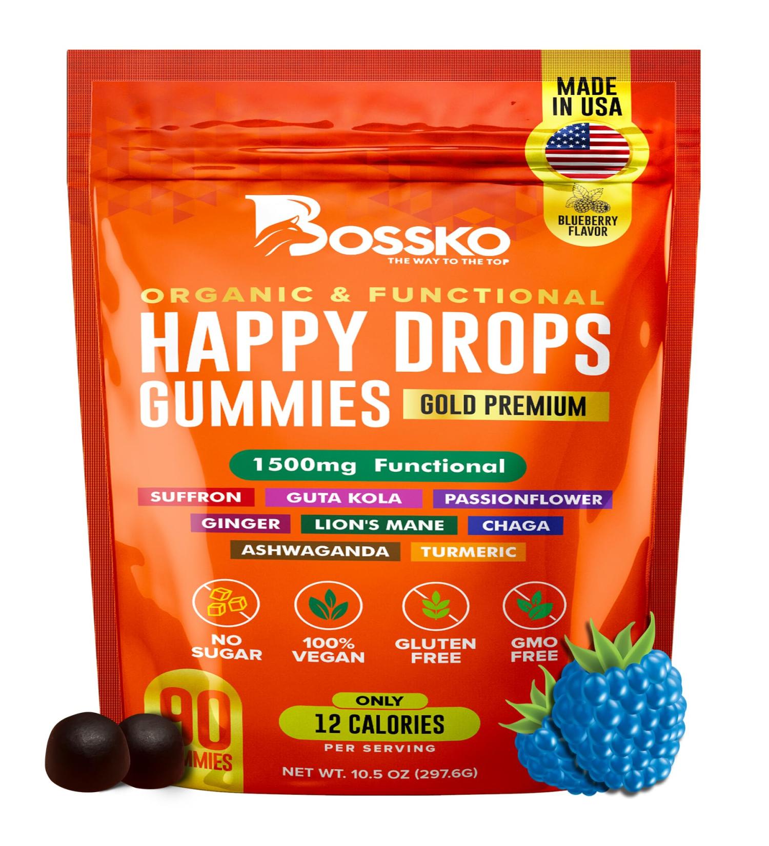 Happy Drops Daily Superfood Gummies for Mood Support, Focus and Energy Sugar-Free, Vegan, Blueberry Flavor 90 Gummies for Adults Daily Support for Mood, Focus and Natural Energy - Buy Online on GoSupps.com
