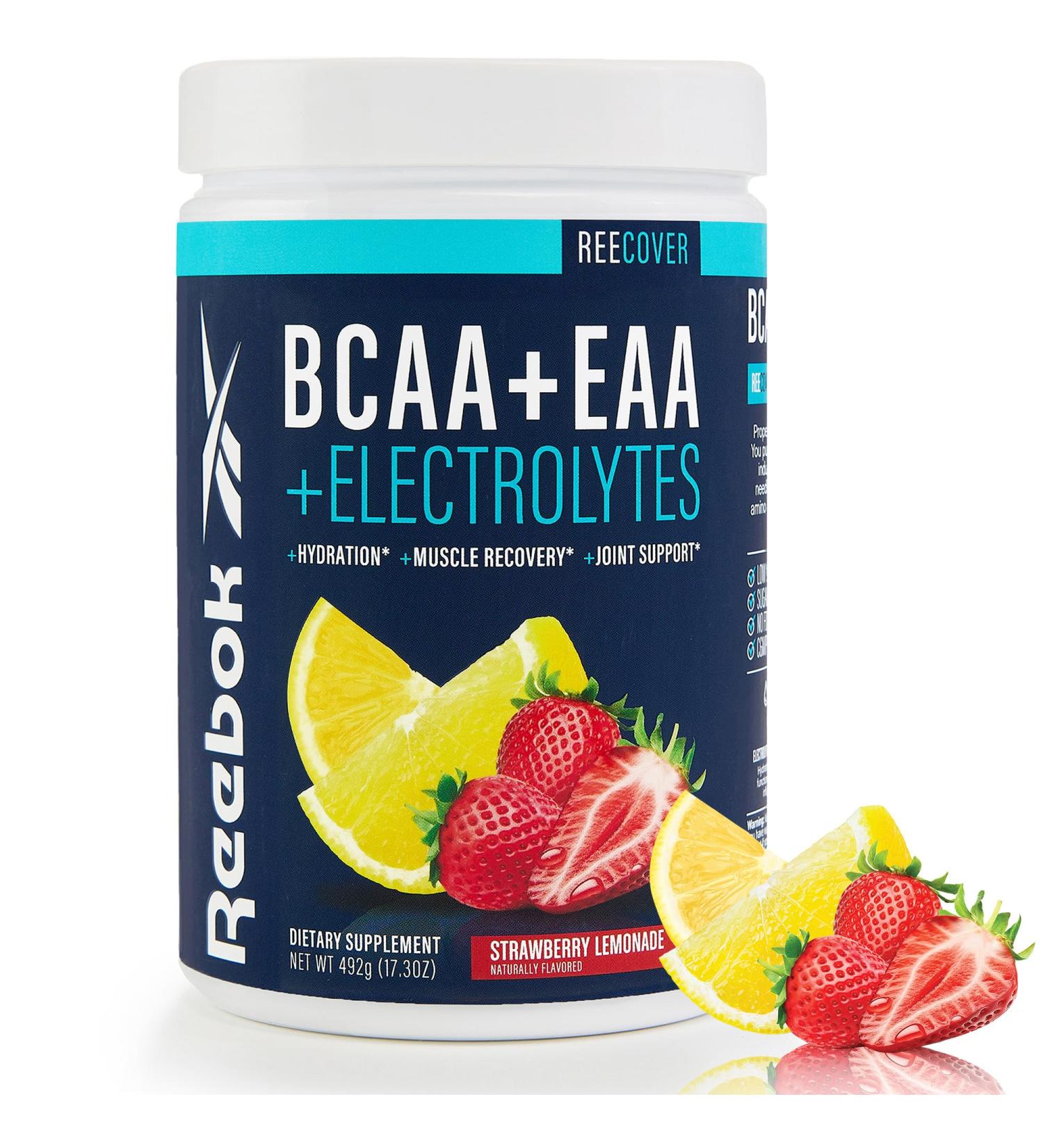 Reebok REECover Amino Acids + Electrolytes | 8g EAAs 5g BCAAs Hydration Matrix | Muscle Recovery Strength | Post-Workout Support | 30 Servings | Strawberry Lemonade - Buy Online on GoSupps.com