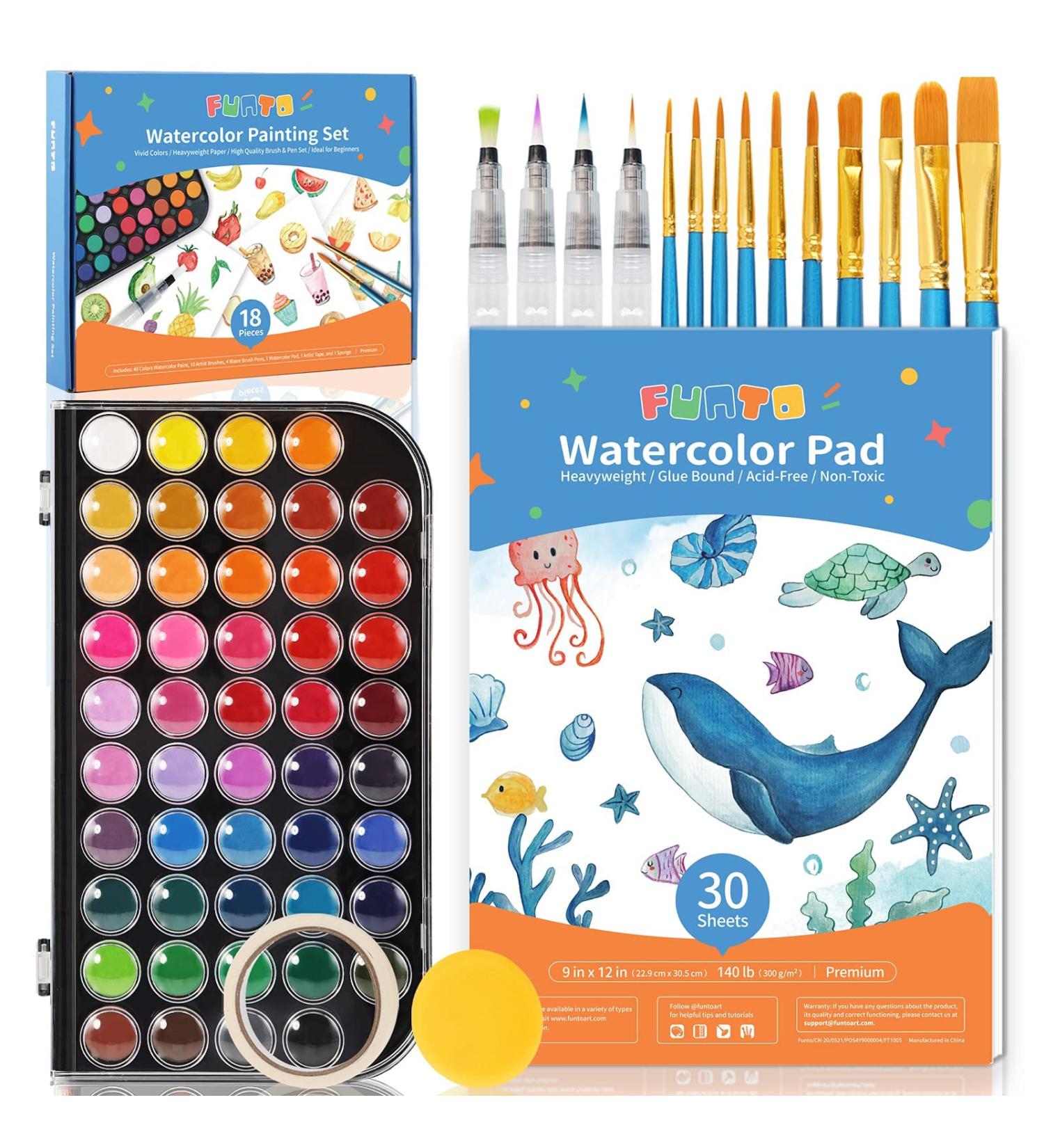 Funto Watercolor Set - 48 Color Paint with Brushes, Water Brush Pens, Pad, Tape, Sponge, Palette - Painting Kit for Kids, Adults, Beginners - Buy Online on GoSupps.com