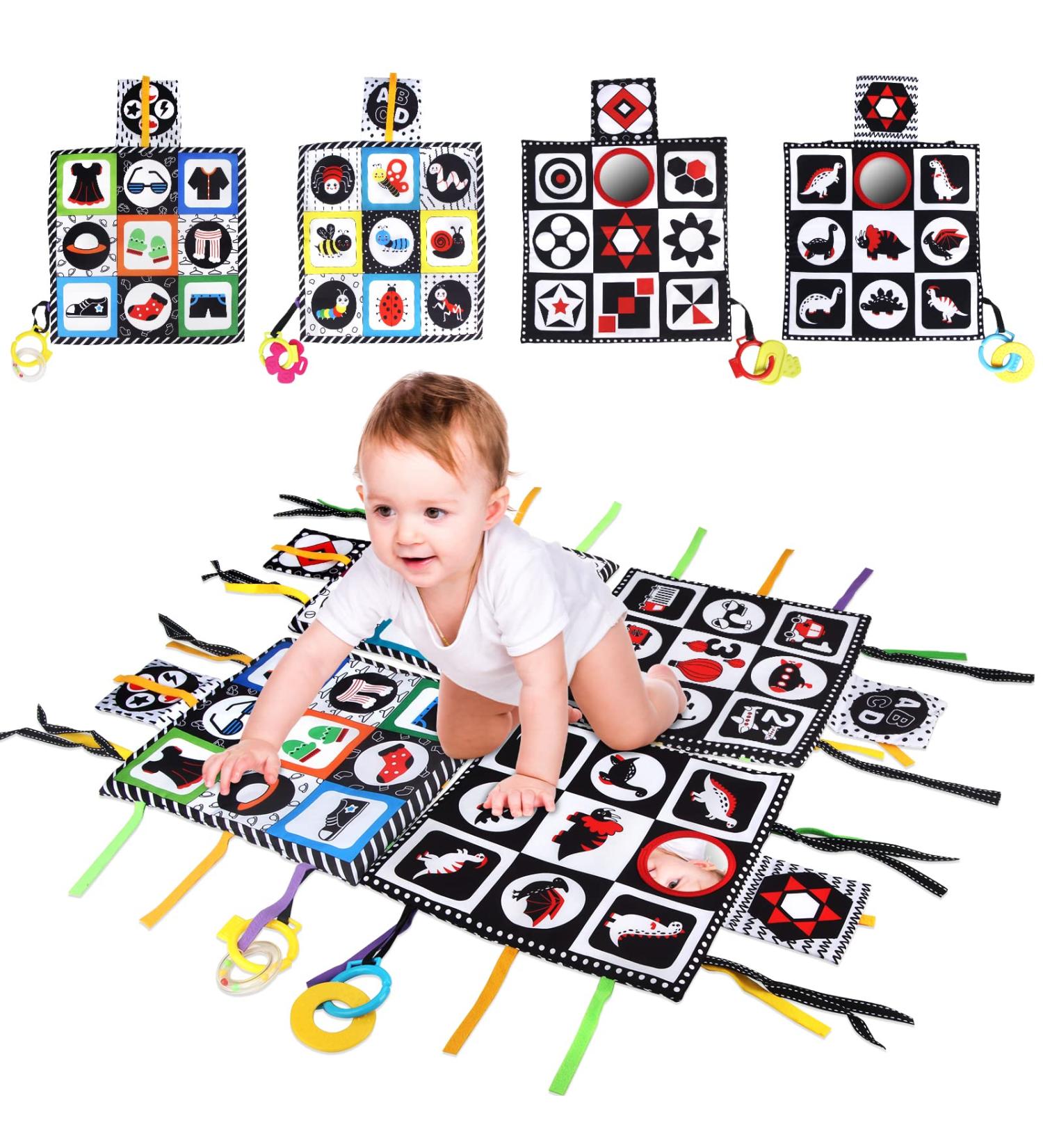 Joyfia Baby Floor Mirror & High Contrast Play Mat Set | Black & White Cloth Book with Bite Ring - Perfect Educational Gift for Newborns & Toddlers (0+ Months) - 4-Pack - Buy Online on GoSupps.com
