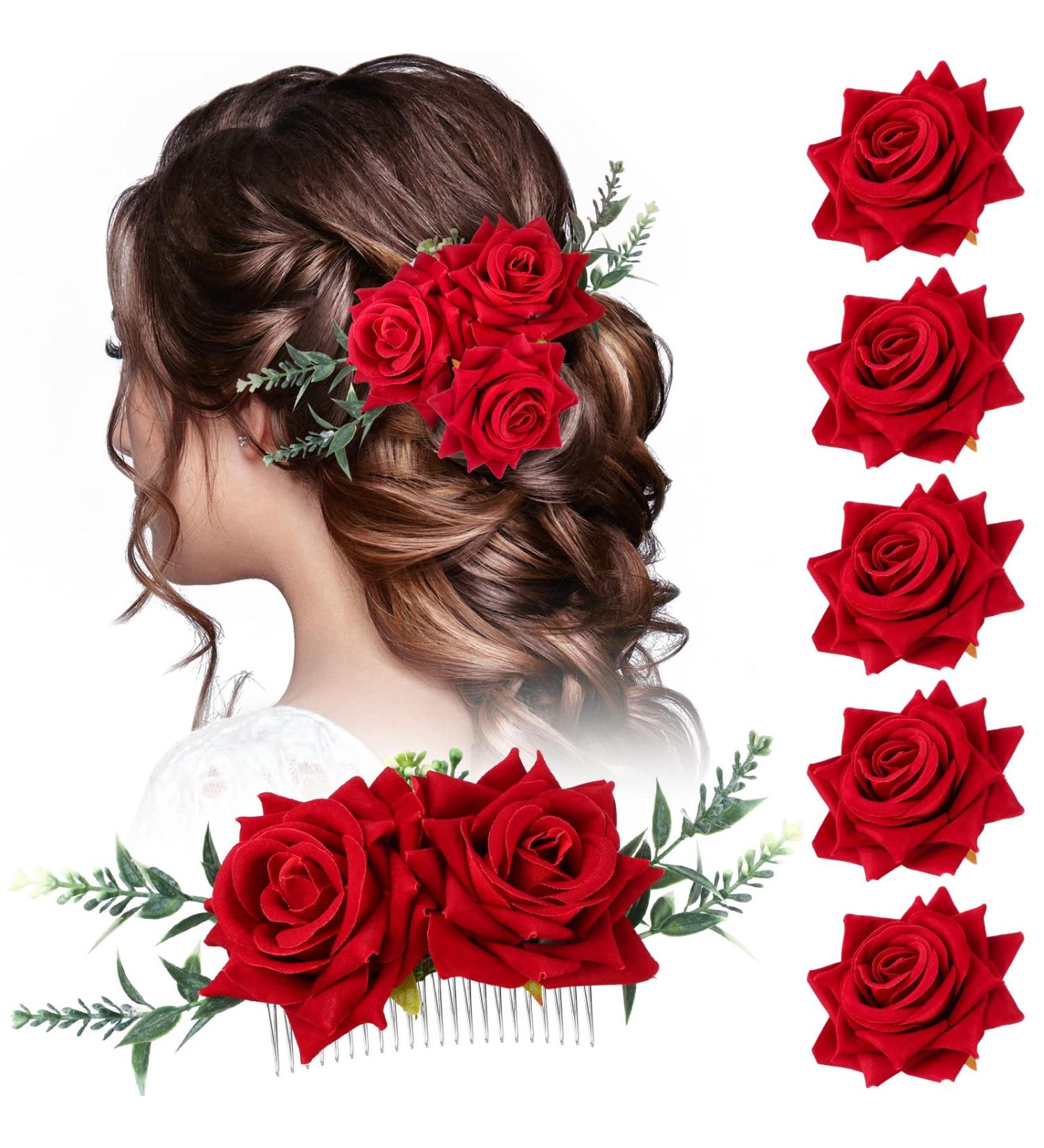 Geyoga 6 Pcs Red Rose Flower Hair Clip & Comb Set - Bridal Wedding Flower Hair Accessories for Women & Girls - Buy Online on GoSupps.com