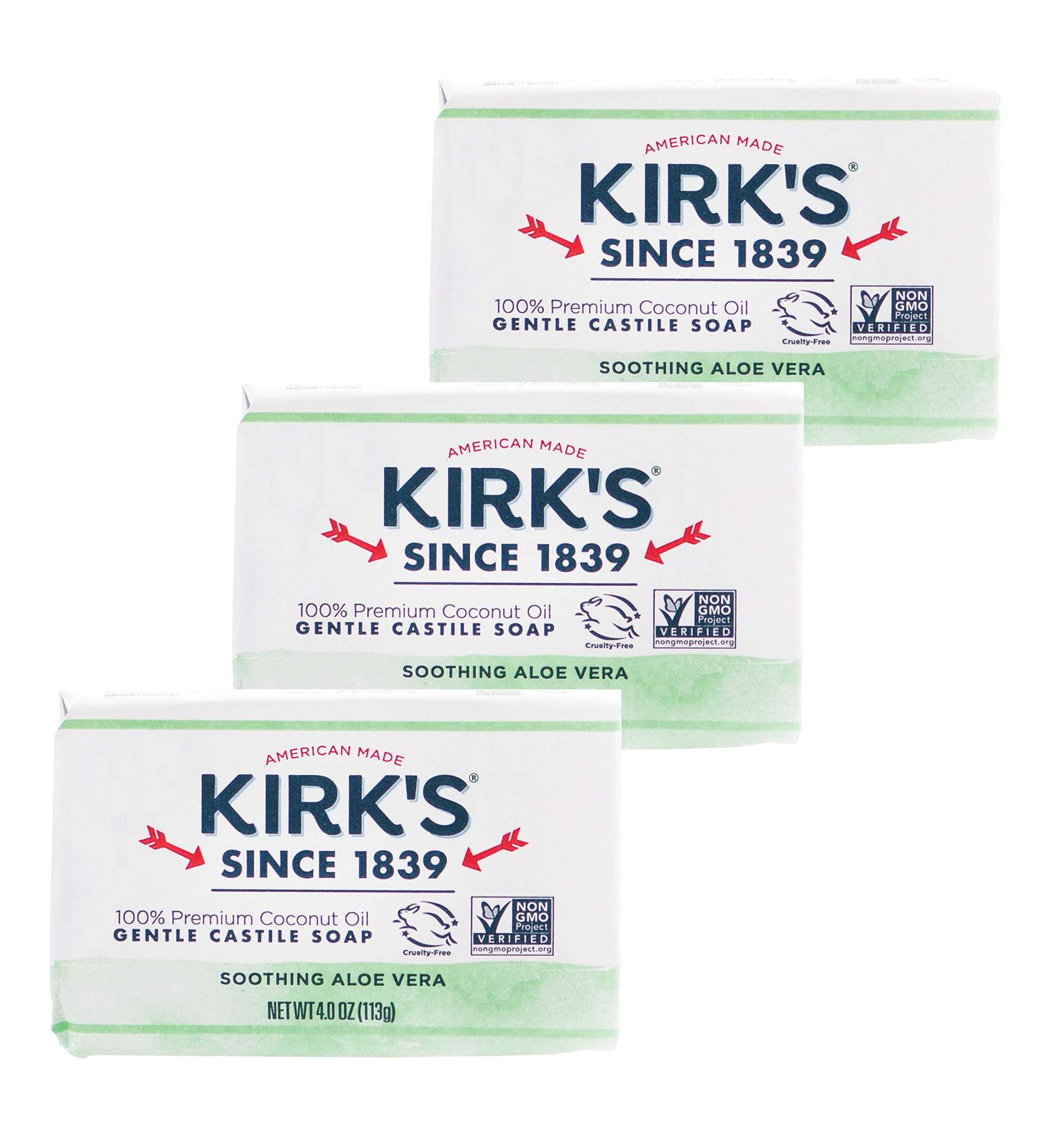 Kirk's 100% Premium Coconut Oil Castile Soap - Aloe Vera, 3 Bars (4 oz Each) - Gentle & Soothing - Buy Online on GoSupps.com