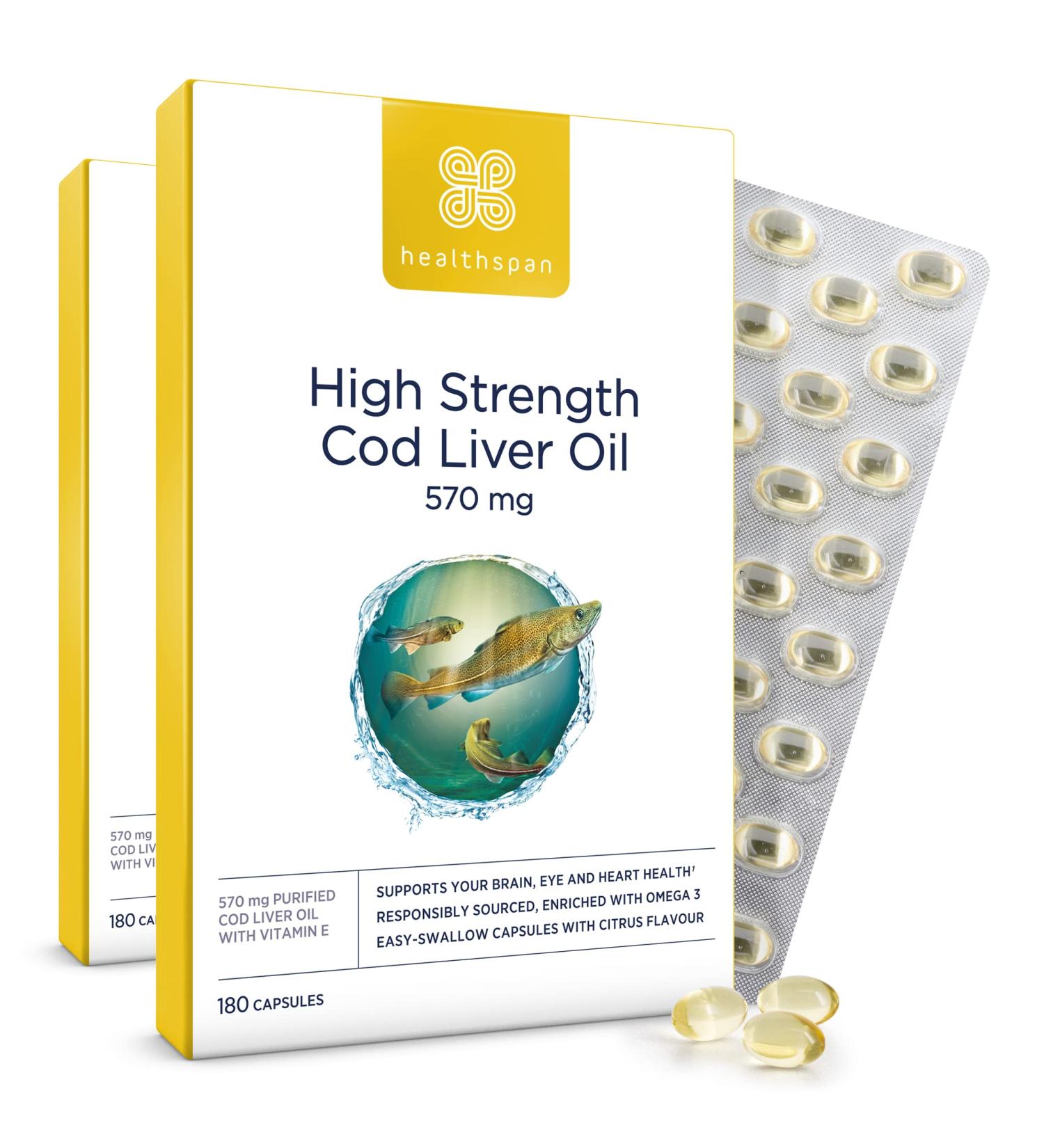 Healthspan Cod Liver Oil 570mg | 360 Capsules | High Omega 3 Fatty Acids for Brain, Heart, Eyes & Bones Support - Buy Online on GoSupps.com
