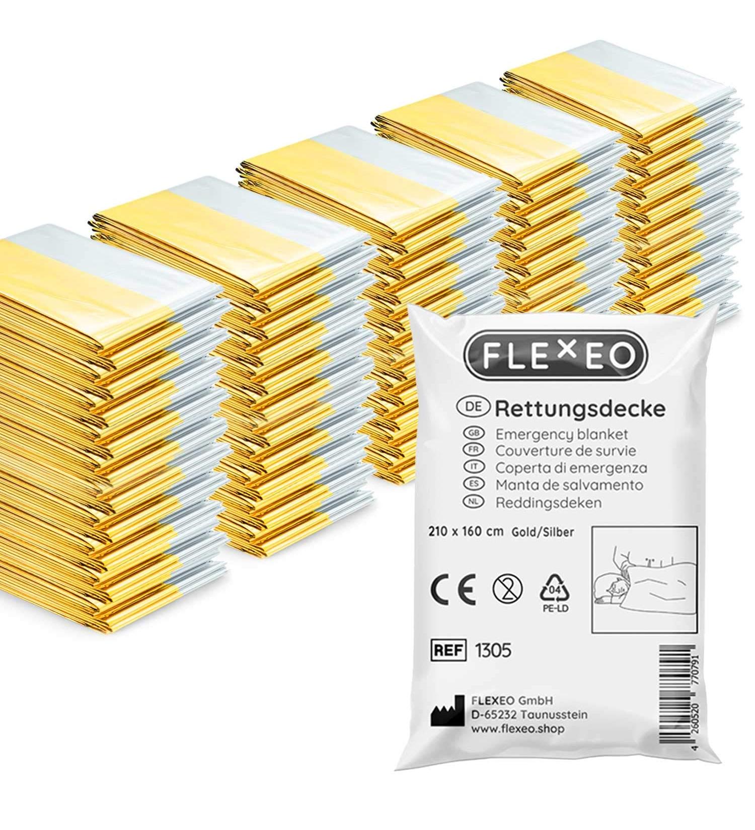 Flexeo 50x Rescue Ceiling - Gold & Silver Emergency Blanket (210cm x 160cm) for First Aid & Safety - Buy Online on GoSupps.com