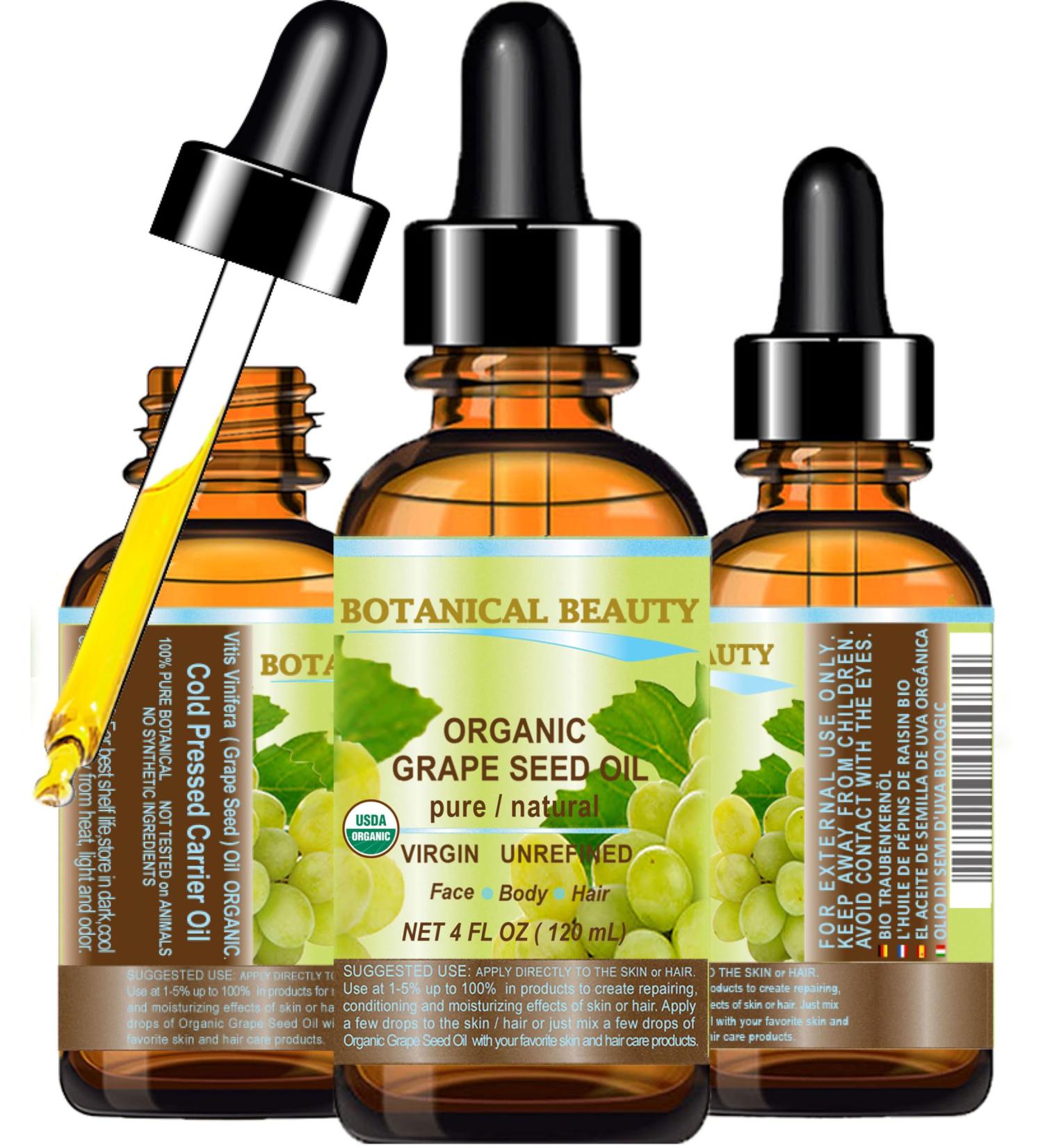 Botanical Beauty Organic GRAPE SEED OIL 100% Pure Natural VIRGIN UNREFINED Cold-Pressed Carrier Oil for Face Skin Body Hair Lip Nails Massage. Rich in Vitamin E (4 Fl Oz) 4 Fl Oz (Pack of 1) - Buy Online on GoSupps.com