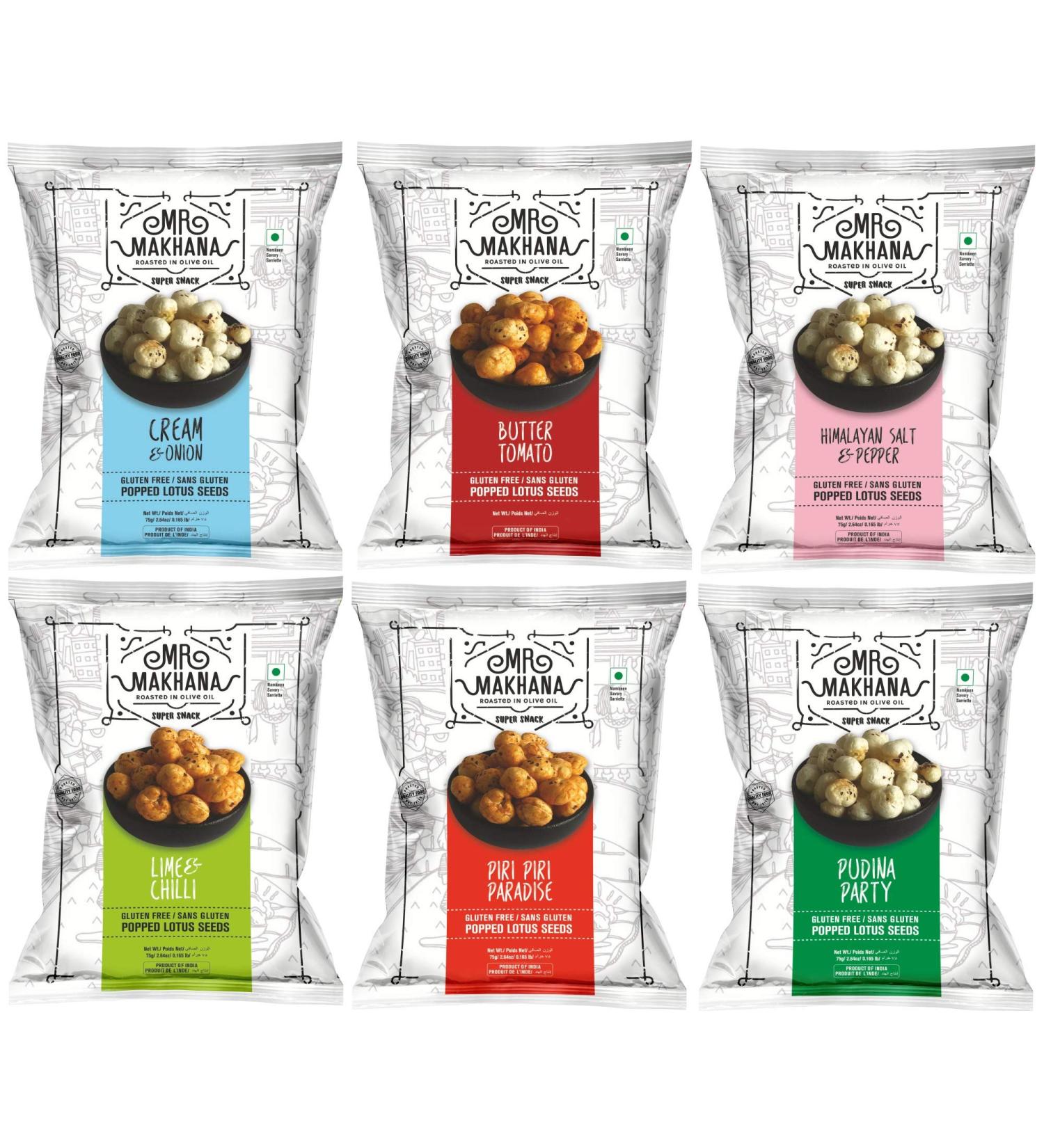 Mr. Makhana Roasted Makhana | Water Lily Seeds | Popped Lotus Seeds | Pack of 6 | (Original Variety Pack)