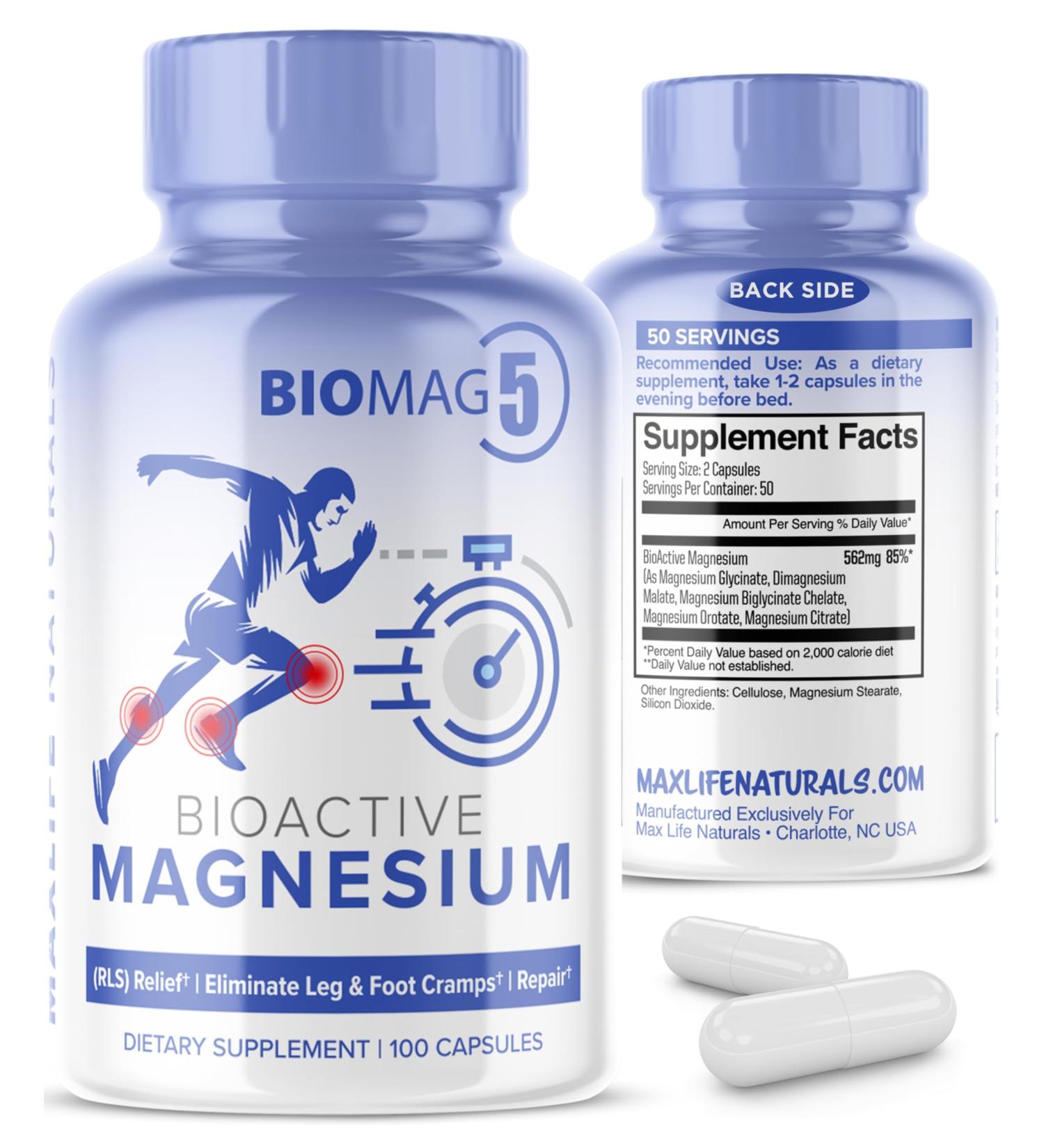 BioMag 5 Magnesium Complex Supplement for Women and Men 100 Capsules - Formulated in USA - BioActive and BioAvailable Magnesium Glycinate Malate Citrate Orotate and Biglycinate Chelate Supplements - Buy Online on GoSupps.com