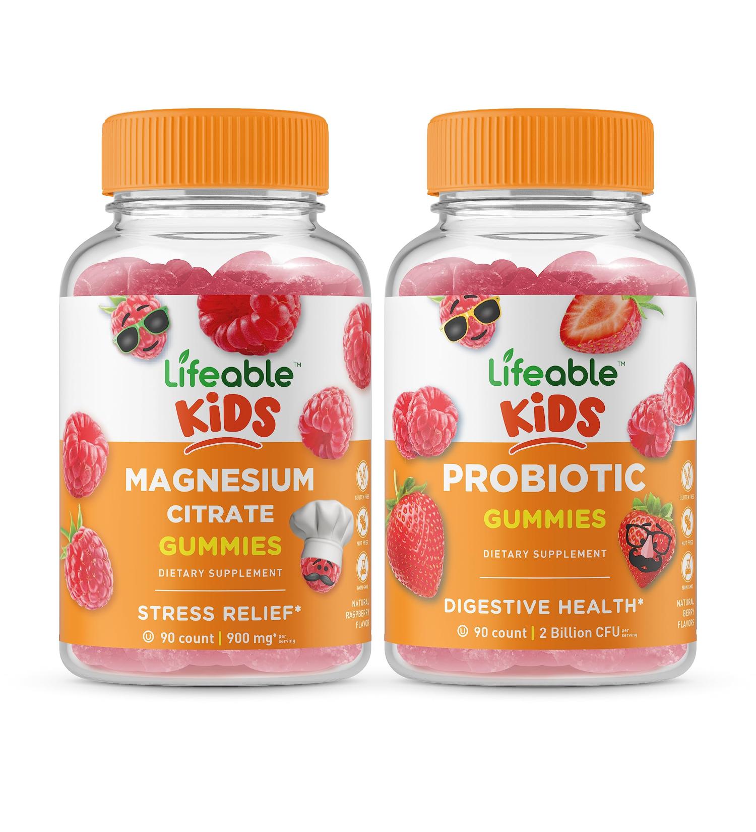 Lifeable Magnesium Kids + Probiotic 2 Billion CFU Kids Gummies Bundle - Great Tasting Vitamin Supplement Gluten Free GMO Free Chewable Gummy
