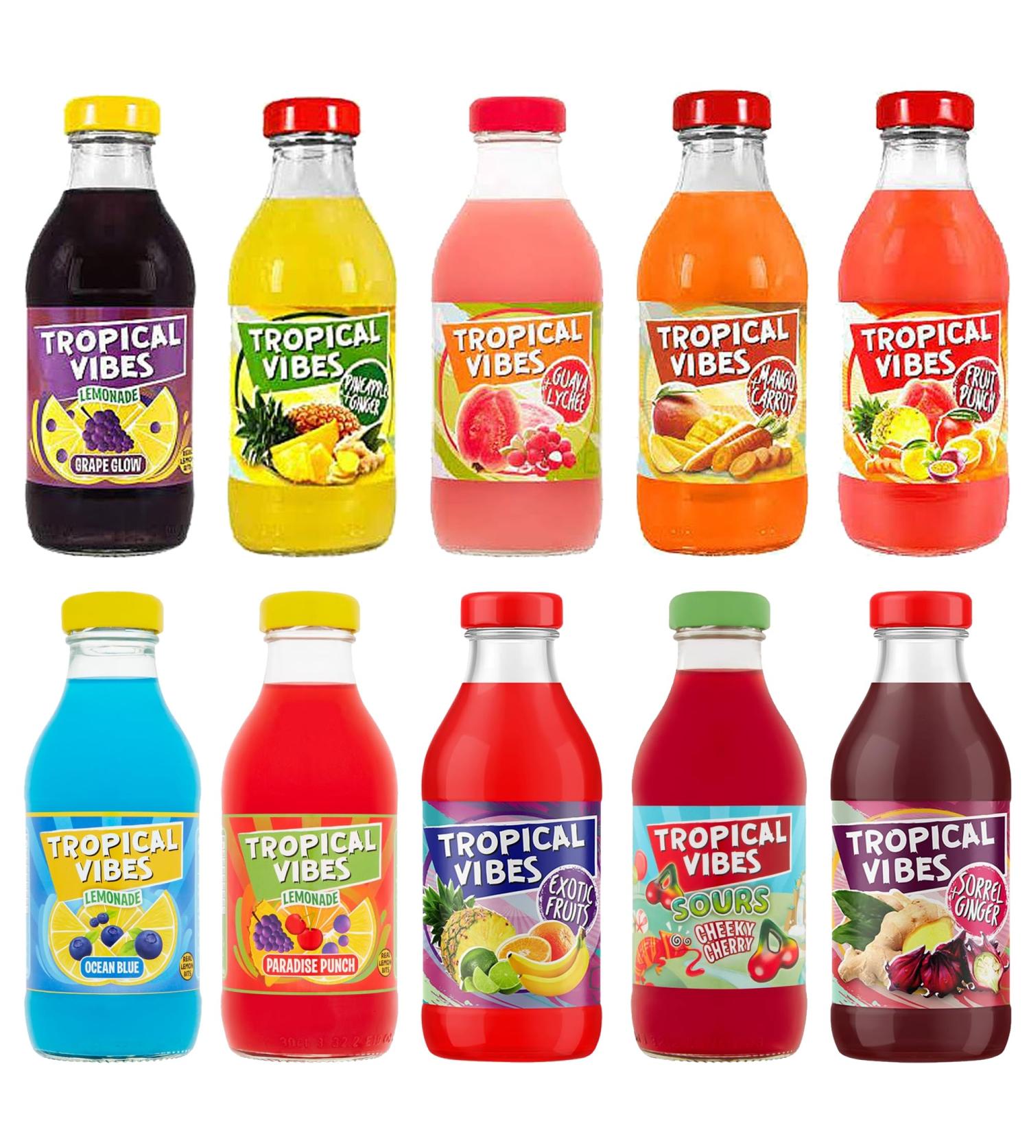 Tropical Vibes Beverage Collection - Exotic and Classic Flavors Mix Natural Fruit Juice Lemonade Refreshing Summer Drinks -300ml - Pack of 10