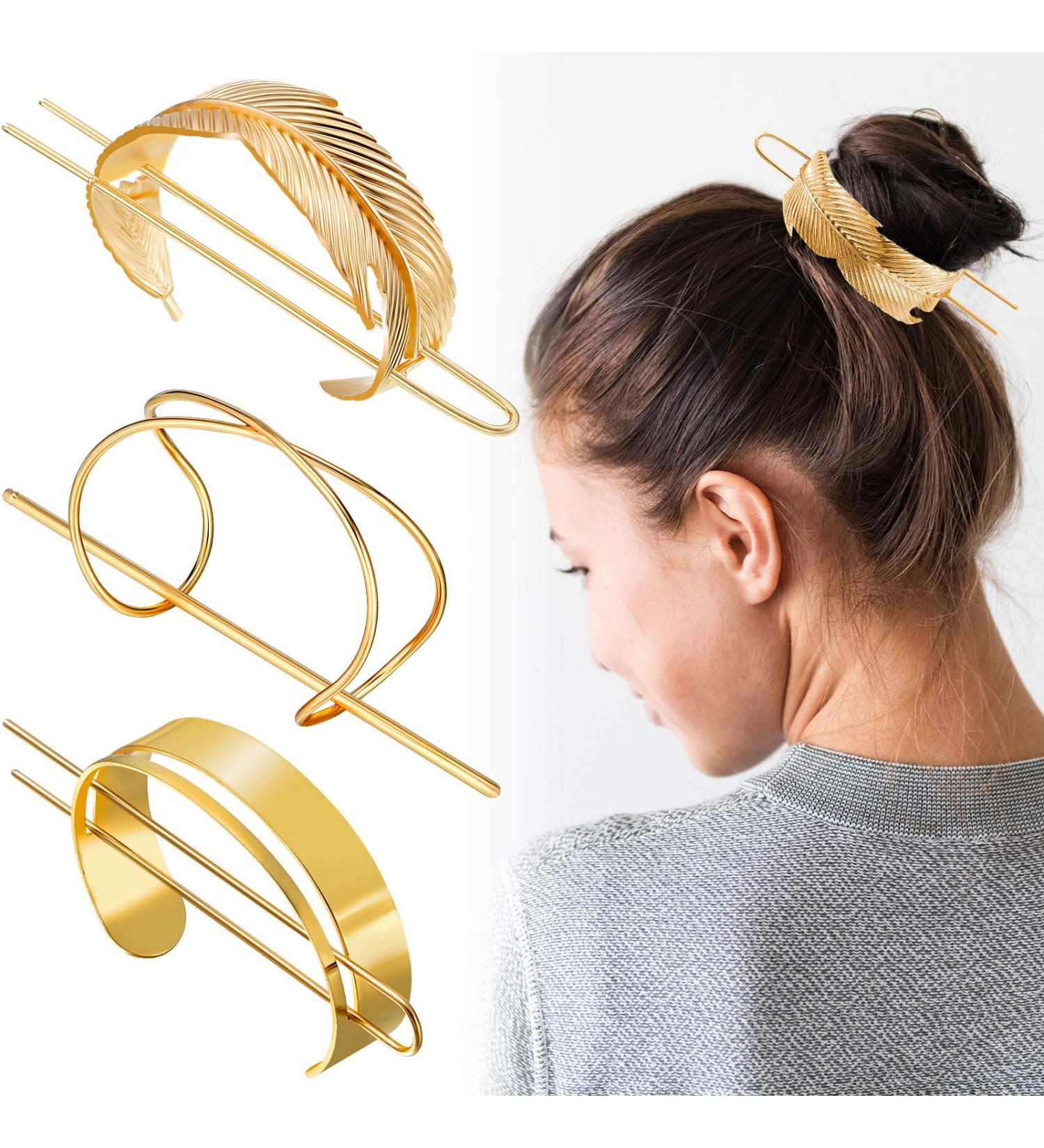 3-Piece Hair Bun Clip Set with Feather, X-Shaped, and Round Top Hair Cuff Buns (Gold) - Buy Online on GoSupps.com