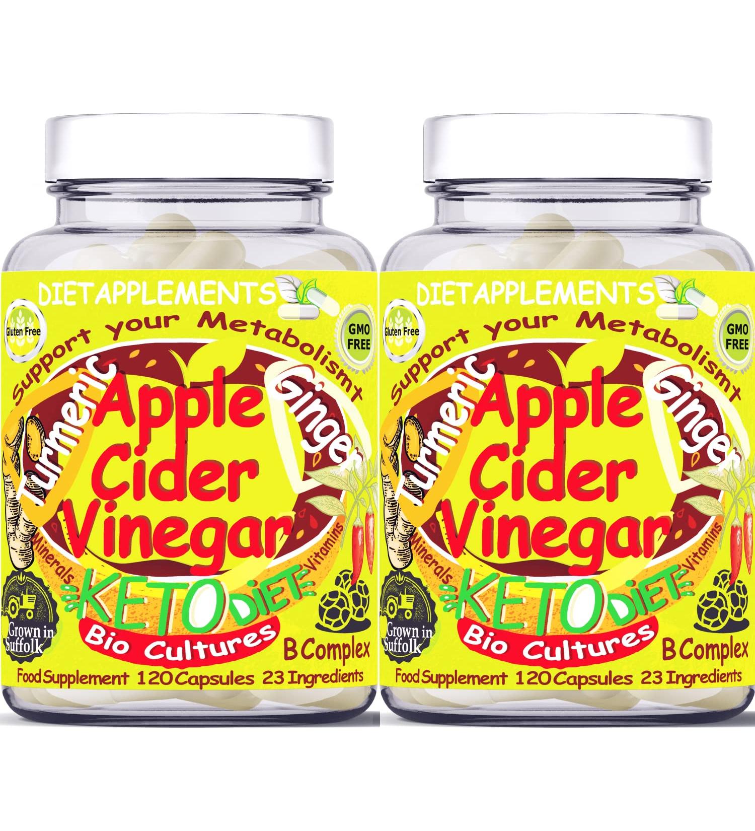 Raw Unfiltered Apple Cider Vinegar with Turmeric, Ginger, and Cayenne Pepper - 2 Bottles (240 Capsules) - Metabolism Vitamins & Minerals Complex - 2775mg/serving - Buy Online on GoSupps.com