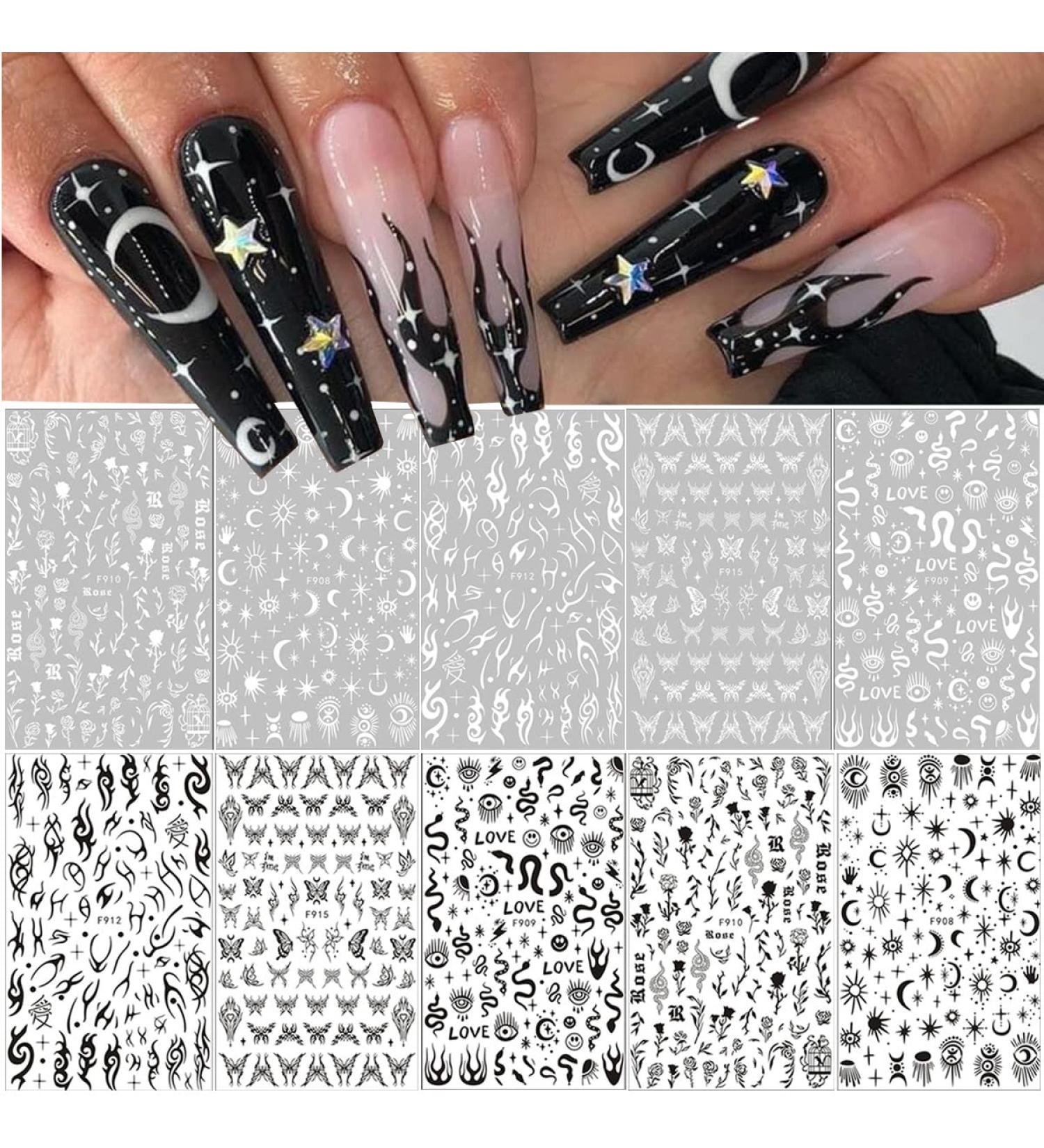 10 Sheets Black White Gothic Nail Art Stickers - Designer 3D Decals for Acrylic Nails - Buy Online on GoSupps.com