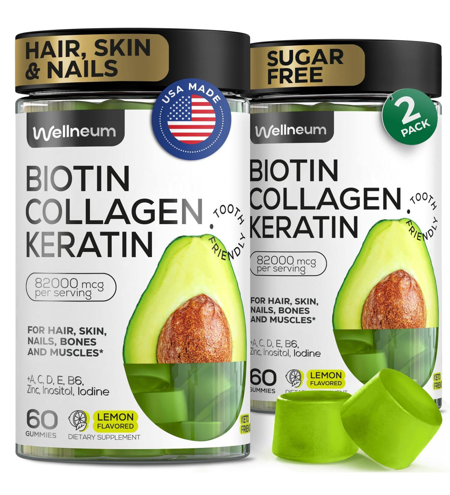 Biotin for Hair Growth Women/Men 12000mcg Skin & Nails Support Gummies + 70000mcg Collagen Peptides (Collagen Powder in Gummy Form) + 20000mcg Keratin + Retinol Sugar Free 120 Gummies (2 Pack) 60 Count (Pack of 2) Lemon - Buy Online on GoSupps.com