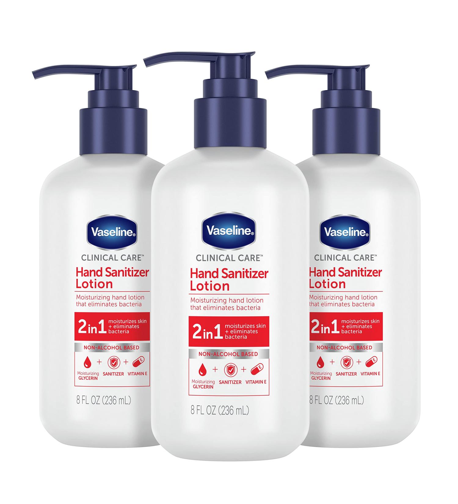 Vaseline Clinical Care Hand Sanitizer Lotion 2-In-1 - 3 Count, 8 Oz | Hydrating Skin Care, Moisturizes & Eliminates Bacteria - Buy Online on GoSupps.com