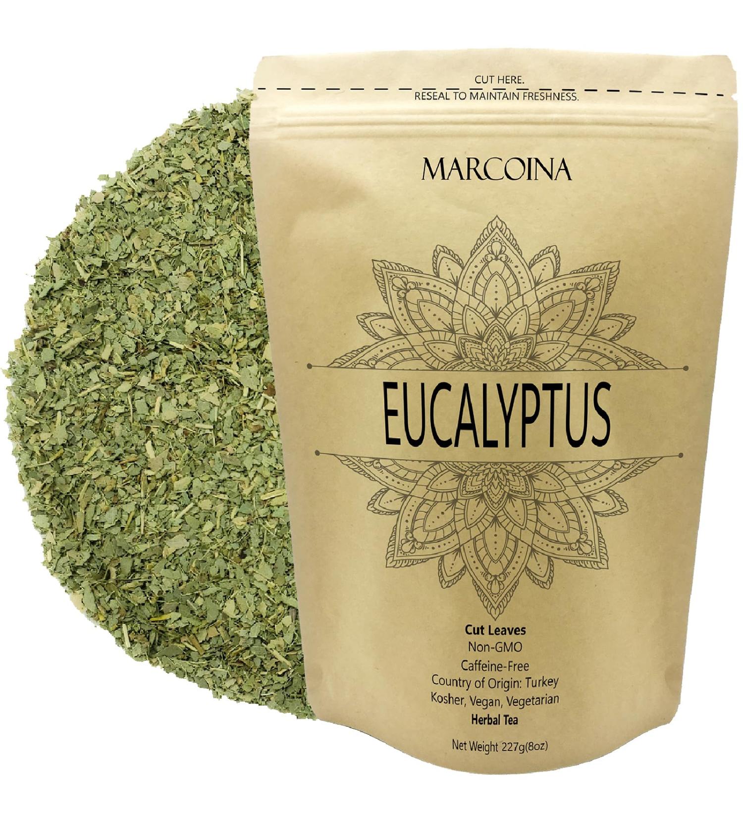 Eucalyptus Herbal Tea Pure Loose Leaves by Marcoina - Cut Leaves 227g in Resealable Bag Caffeine-Free Tea from Turkey - Perfect for Hot Brews Known as Eucalyptus Feuille Eucalipto Eucaliptus globulus - 8oz. Eucalyptus Leaves Cut 227g(8oz) - Buy Online on GoSupps.com