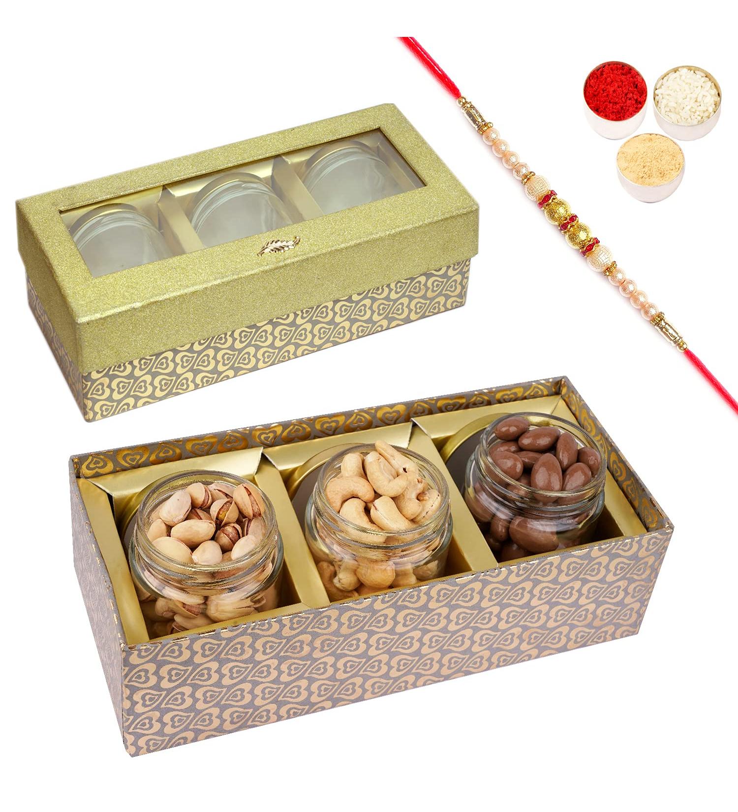 Jaiccha Ghasitaram Rakhi Gifts for Brothers Box with 3 Jars of Chocolate Coated Almonds Roasted Cashews and Pistachios with Pearl Rakhi Box of 3 Jars & Choco Almonds Kaju Pista & Rakhi - Buy Online on GoSupps.com
