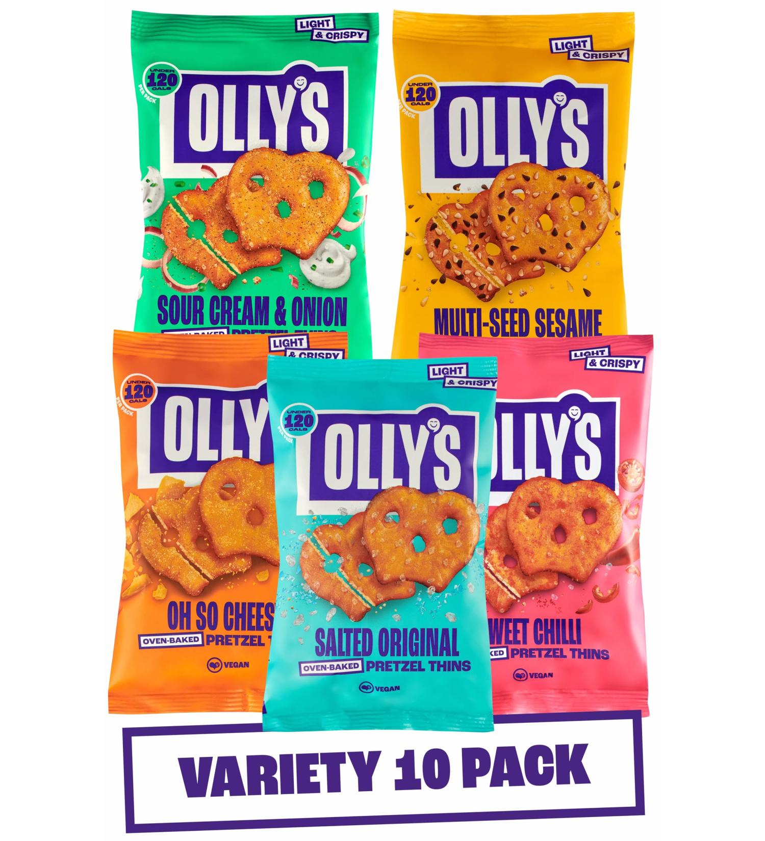Olly's Pretzel Thins New Variety Pack 35g (Pack of 10) x2 Salted x2 Multi Seeded x2 Sour Cream x2 Sweet Chilli x2 Cheesy Low Calorie Snacks Low Fat Source of Fibre No Preservatives - Buy Online on GoSupps.com