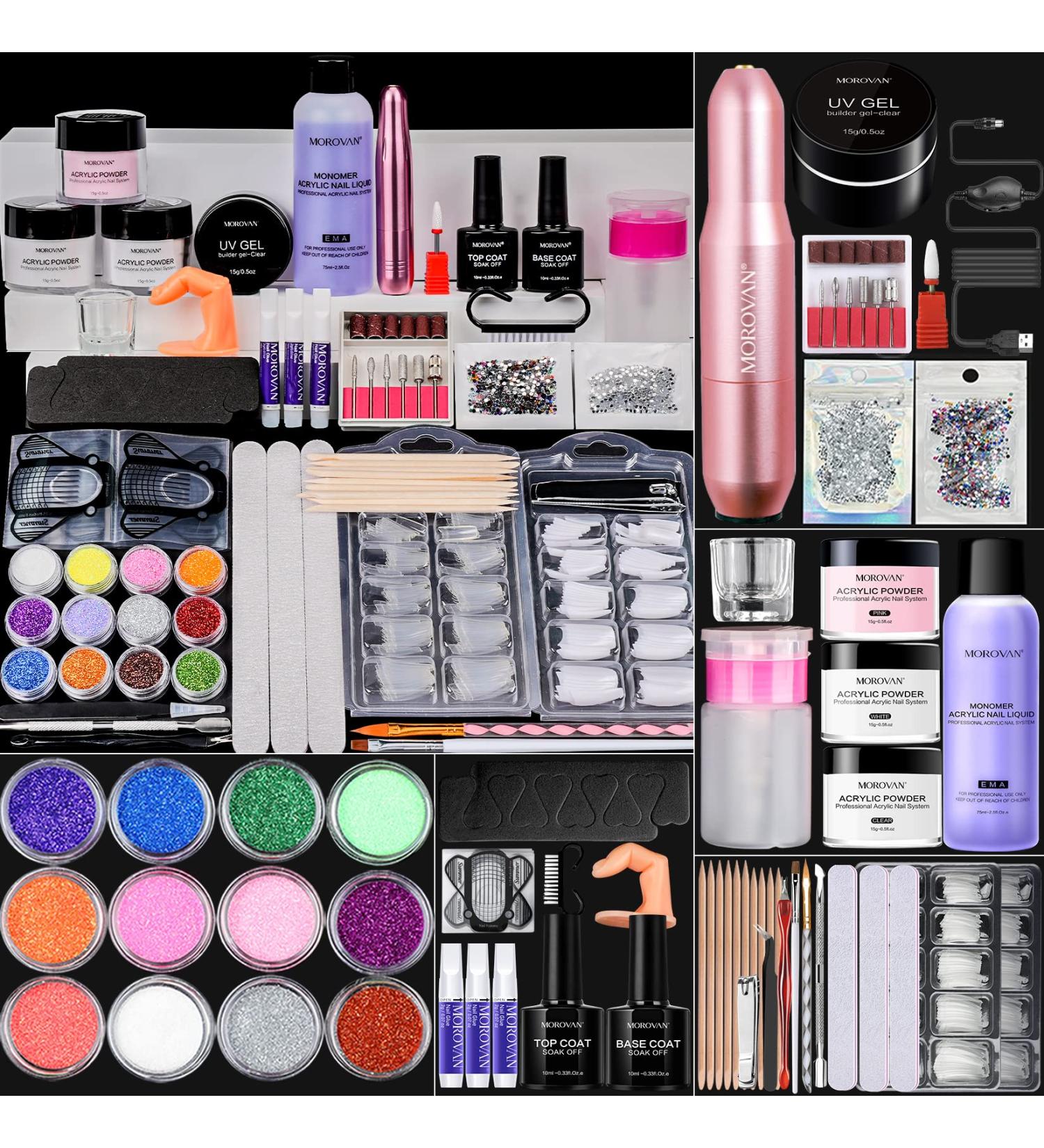 Morovan Acrylic Nail Kit with Drill - Professional Set for Beginners - Glitter Powders, Brush, Forms - DIY Nail Art Extension - Buy Online on GoSupps.com