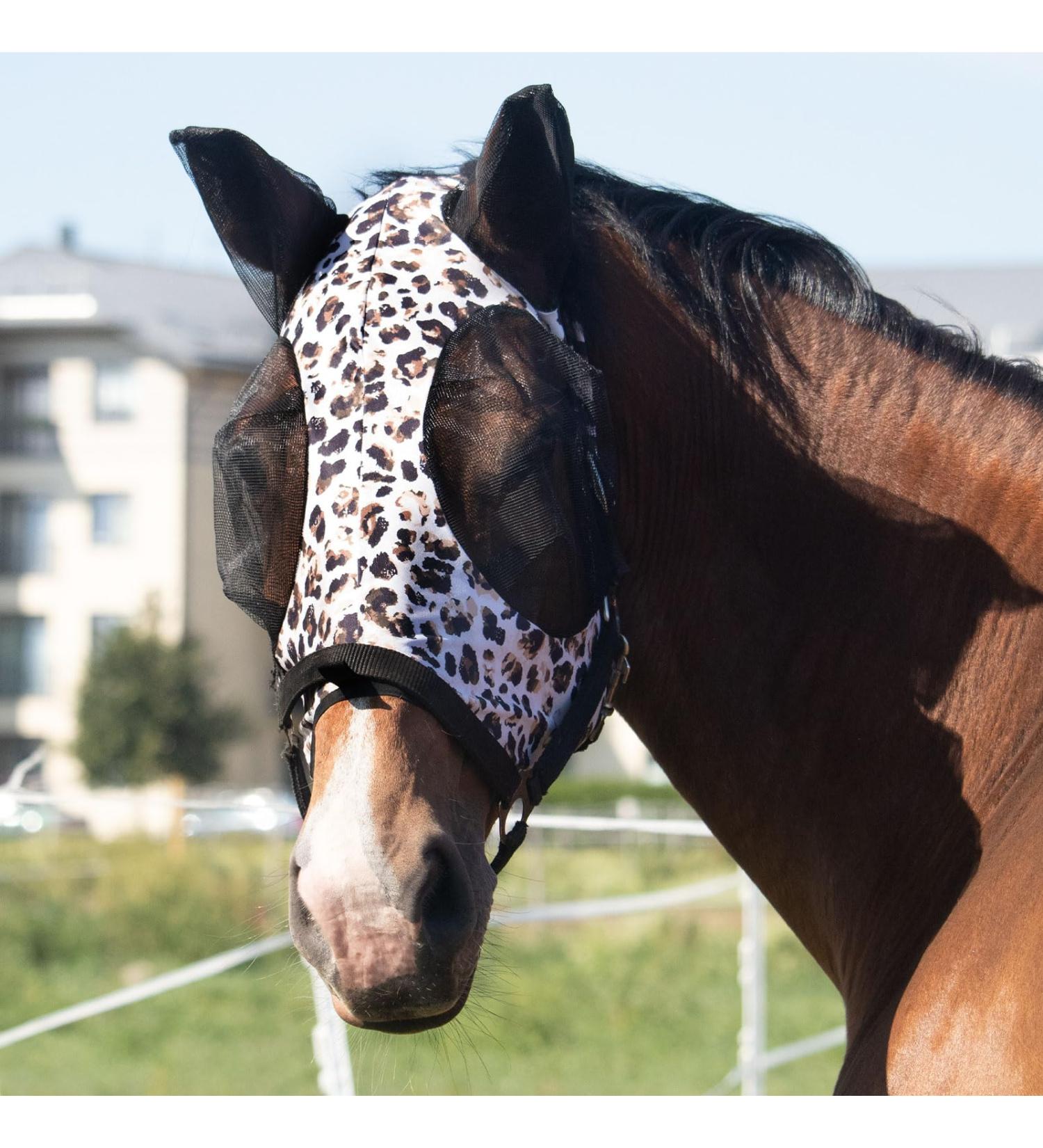 Harrison Howard Super Comfort Stretchy Fly Mask - Large Eye Space UV Protection & Breathability - Large Leopard Print - Buy Online on GoSupps.com