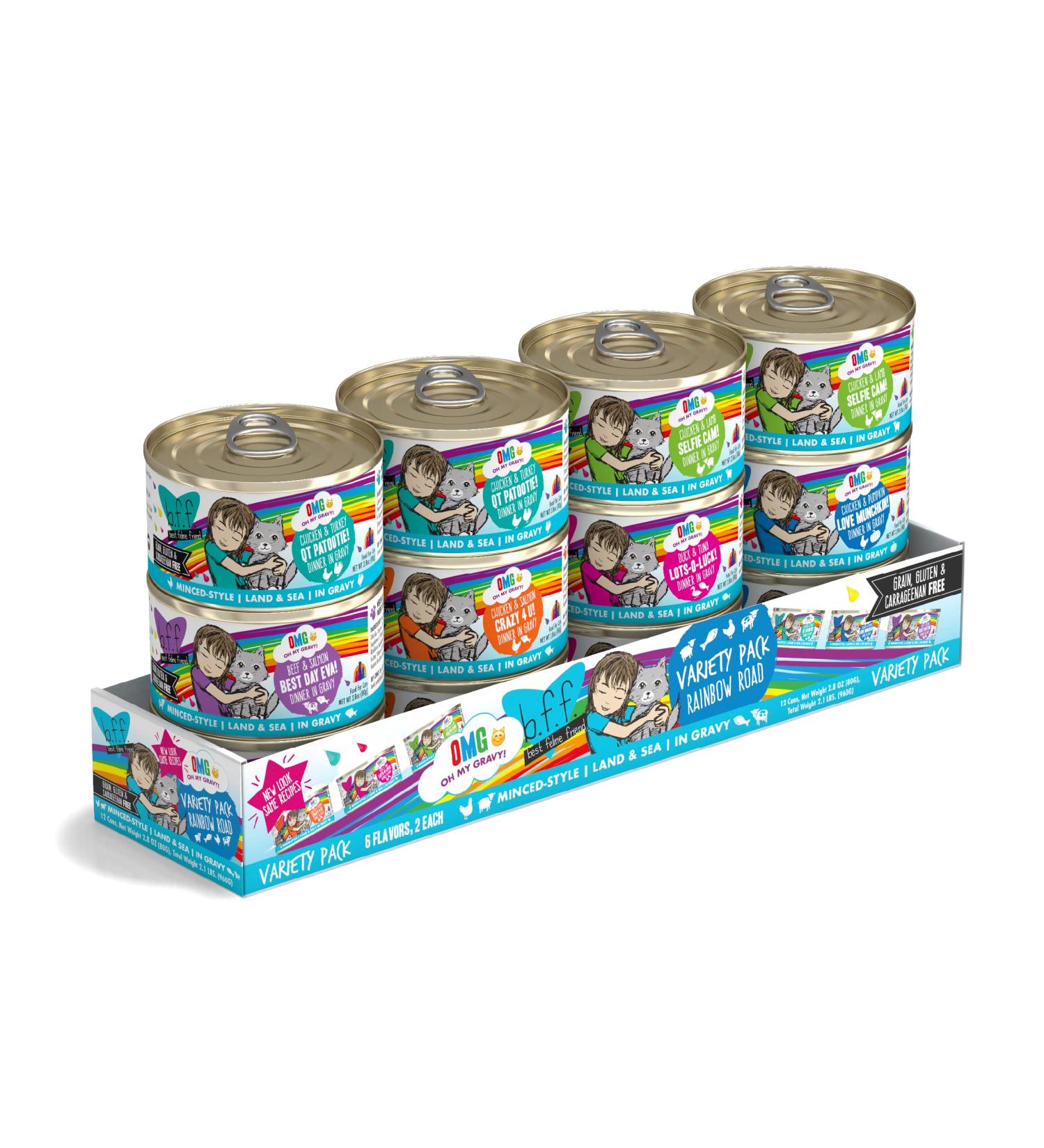 Weruva B.F.F. OMG Cat Food Cans Variety Pack - 12 Pack, Grain-Free Natural Wet Food in Gravy, Land & Sea Recipes in Rainbow Road Flavor - Buy Online on GoSupps.com