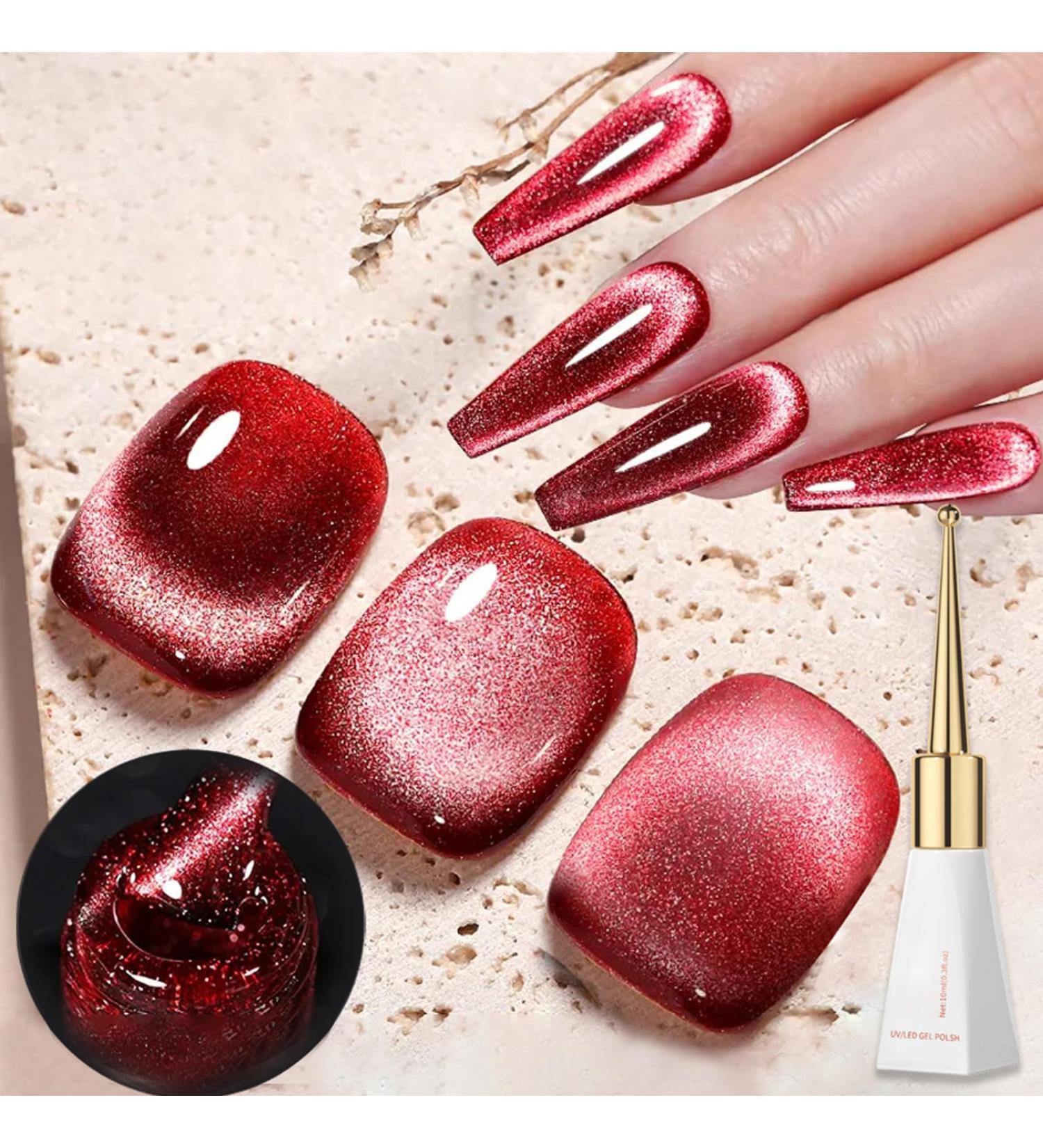 Jelly Cat Eye Gel Nail Polish Red Glitter Crystal Gel Polish Glitter Red Magnetic Nail Polish Soak Off UV/LED Sparkle Shiny Holographic Cat Eye Gel Polish for Nail Art Manicure Salon DIY at Home - Buy Online on GoSupps.com